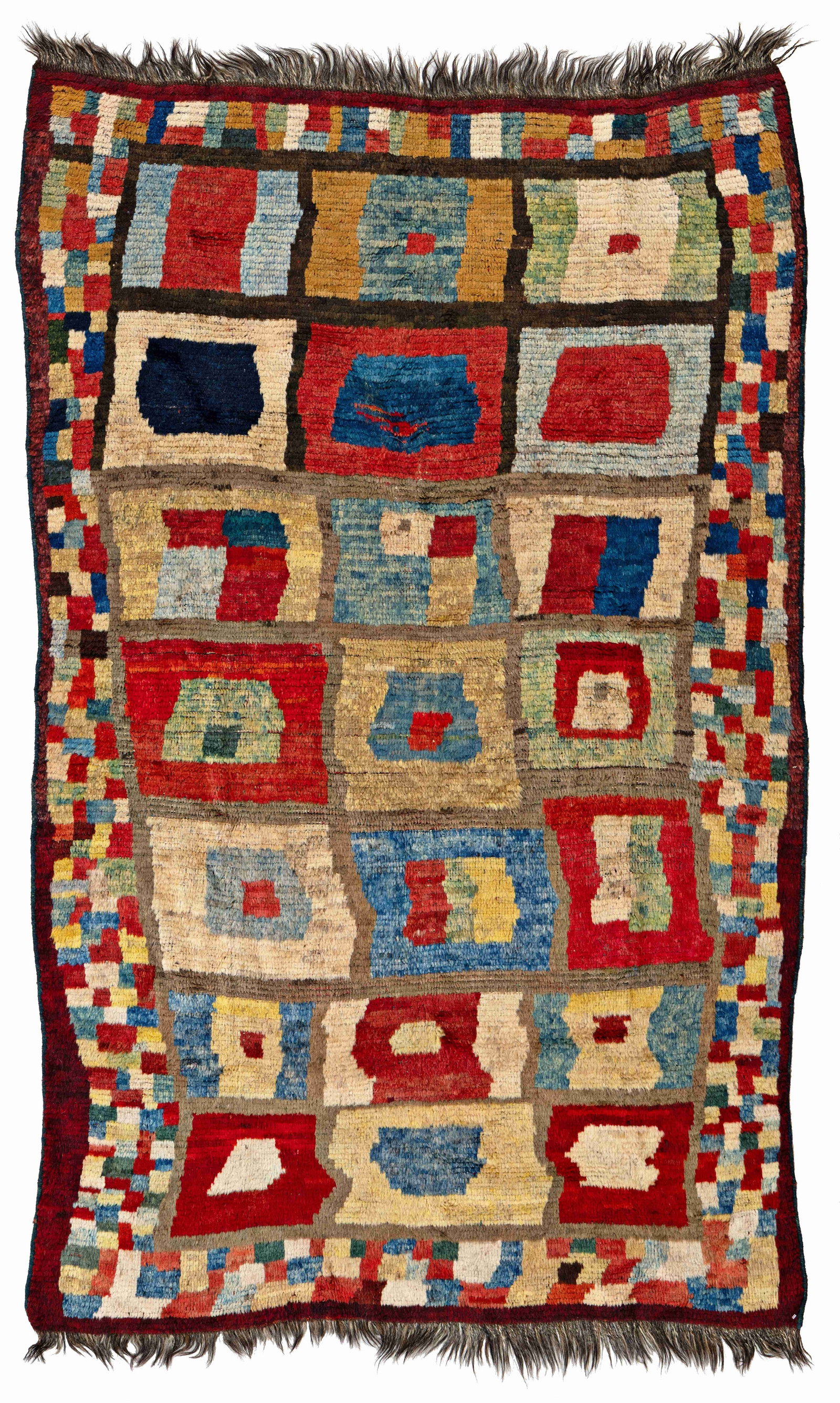 Double-sided piled Gabbeh Rug: Double-sided piled Gabbeh 186 x 116 cm (6' 1" x 3' 10") Persia, ca. 1930 Condition: very good, good pile, minor small repairs, slight signs of use Warp: wool, weft: wool, pile: wool This