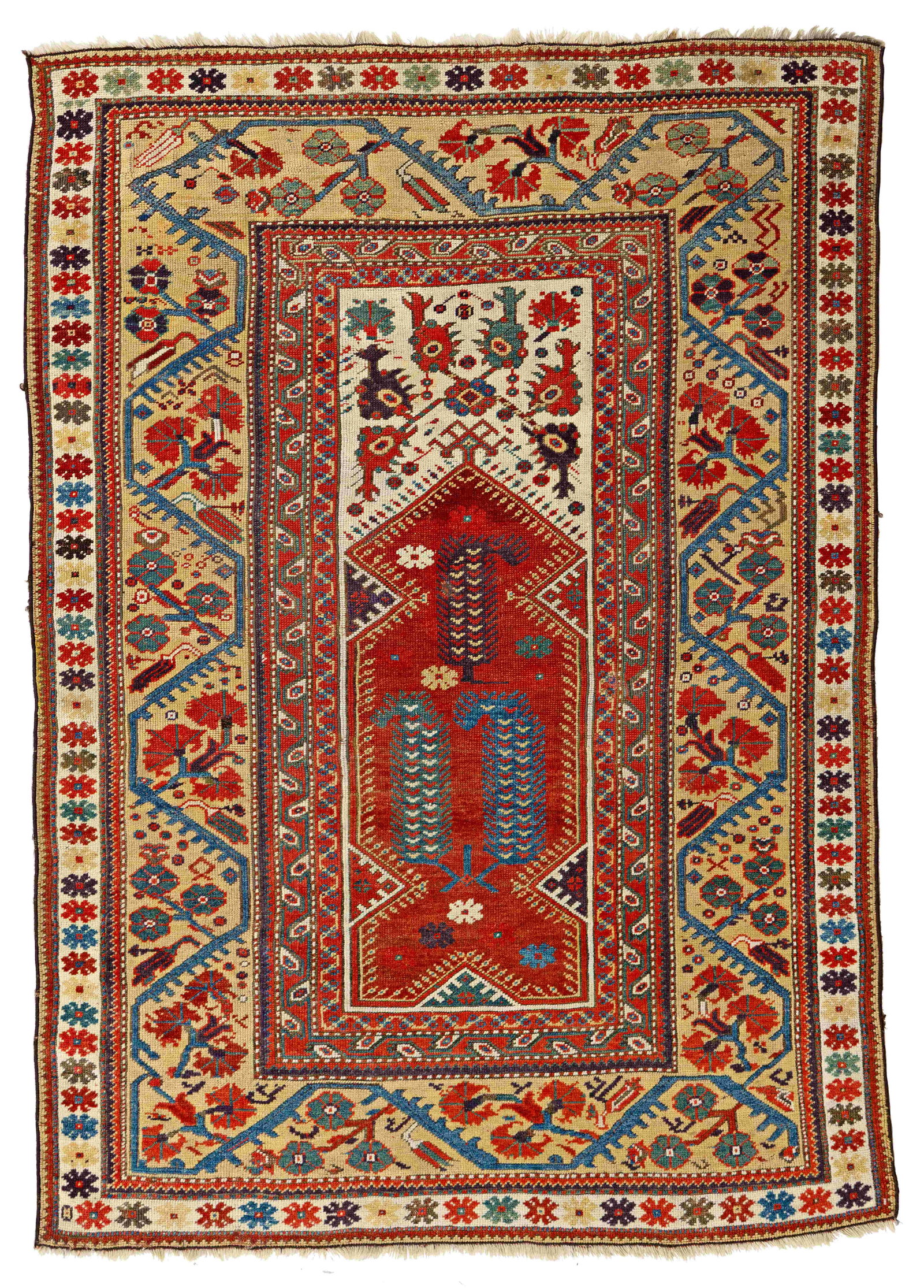 Early Melas Prayer Rug: Early Melas Prayer Rug 158 x 111 cm (5' 2" x 3' 8") Turkey, first half 19th century Condition: very good for its age, low pile but not worn, corroded dark brown, minor small repairs Published: "Anatol