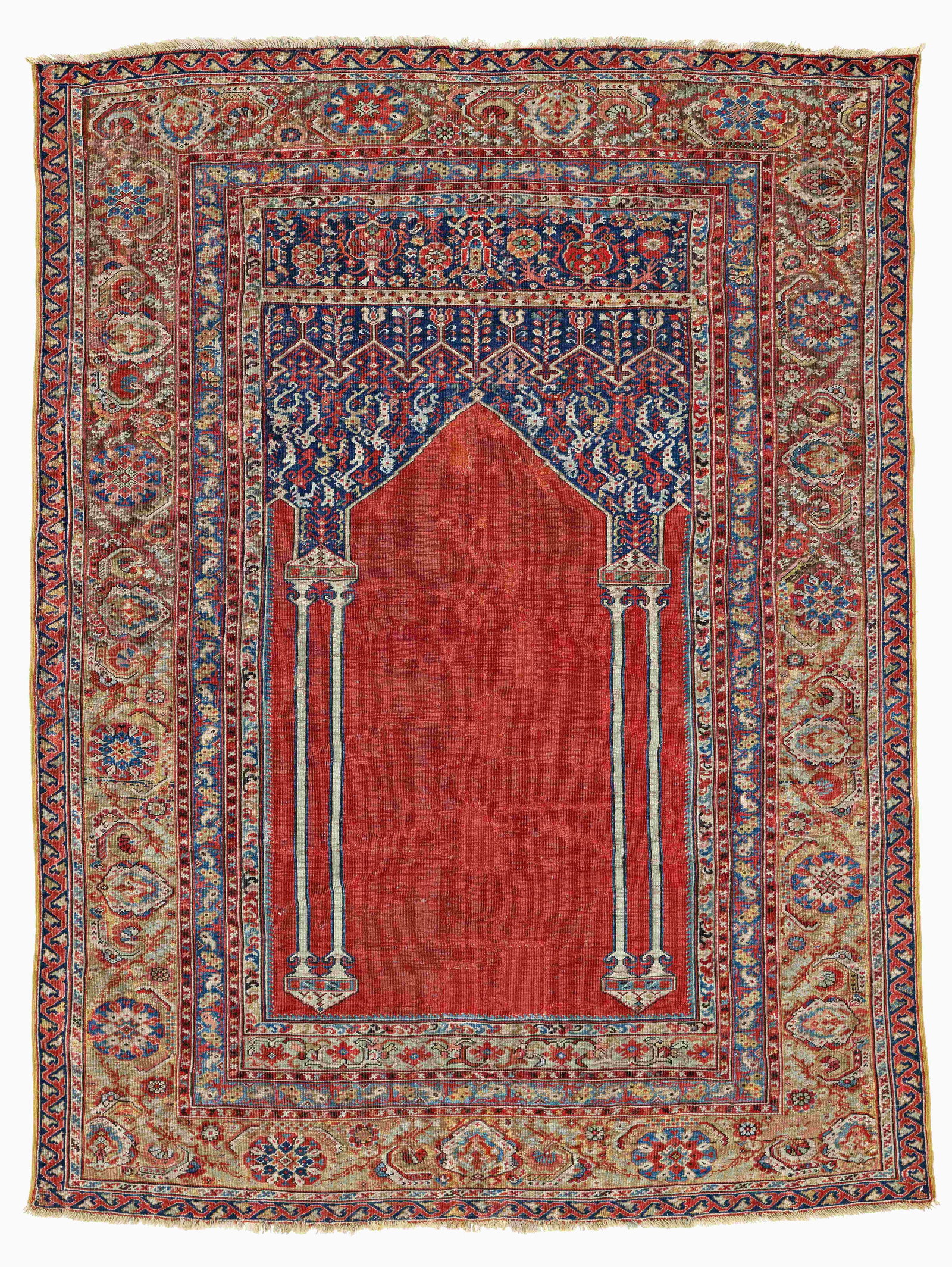 Early Ghiordes Prayer Rug: Early Ghiordes Prayer Rug 161 x 122 cm (5' 3" x 4') Turkey, ca. 1700 Condition: good for its age, low pile, corroded brown, both ends slightly incomplete, some old repairs Warp: wool, weft: wool, pile