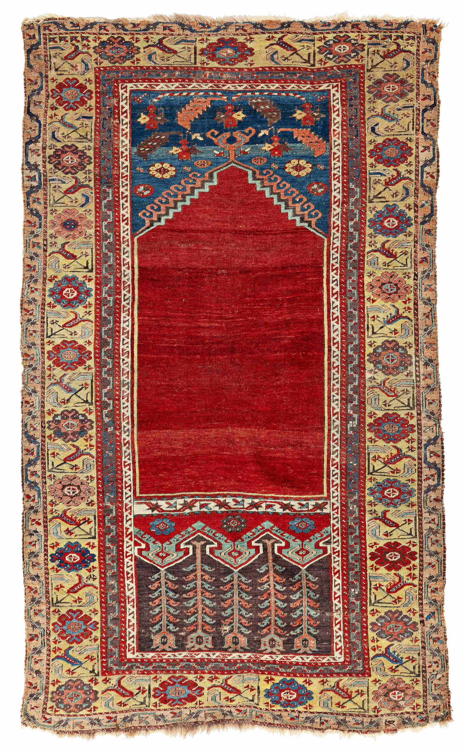 Ladik Prayer Rug: Ladik Prayer Rug 175 x 105 cm (5' 9" x 3' 5") Turkey, ca. 1800 Condition: good for its age, low pile in places, corroded purple and dark brown, sides and ends slightly incomplete, several small old re
