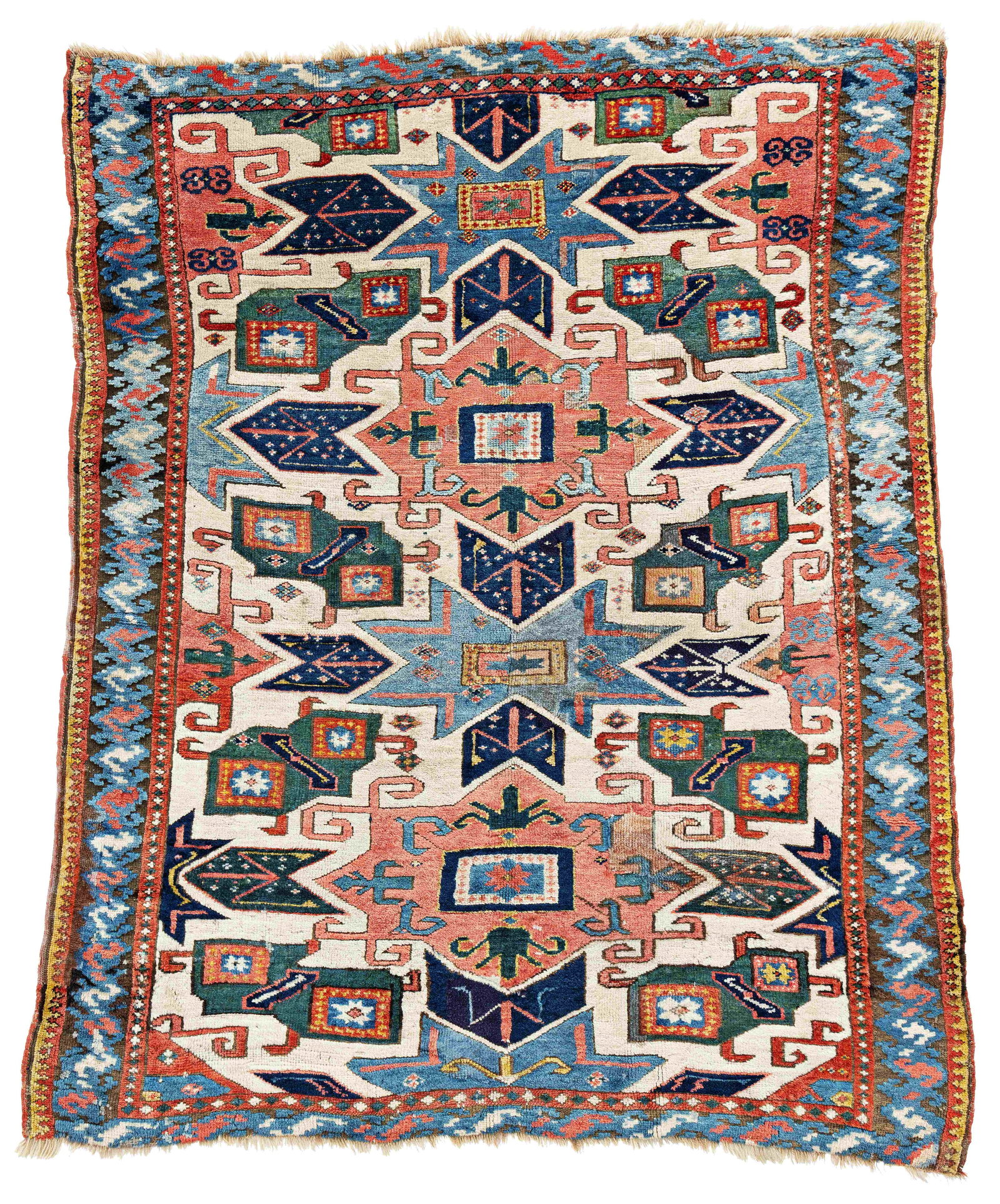 Star Kazak Rug: Star Kazak 215 x 169 cm (7' 1" x 5' 7") Caucasus, second half 19th century Condition: good for its age, good pile, partial corroded dark brown, both ends incomplete, several old repairs Warp: wool, we