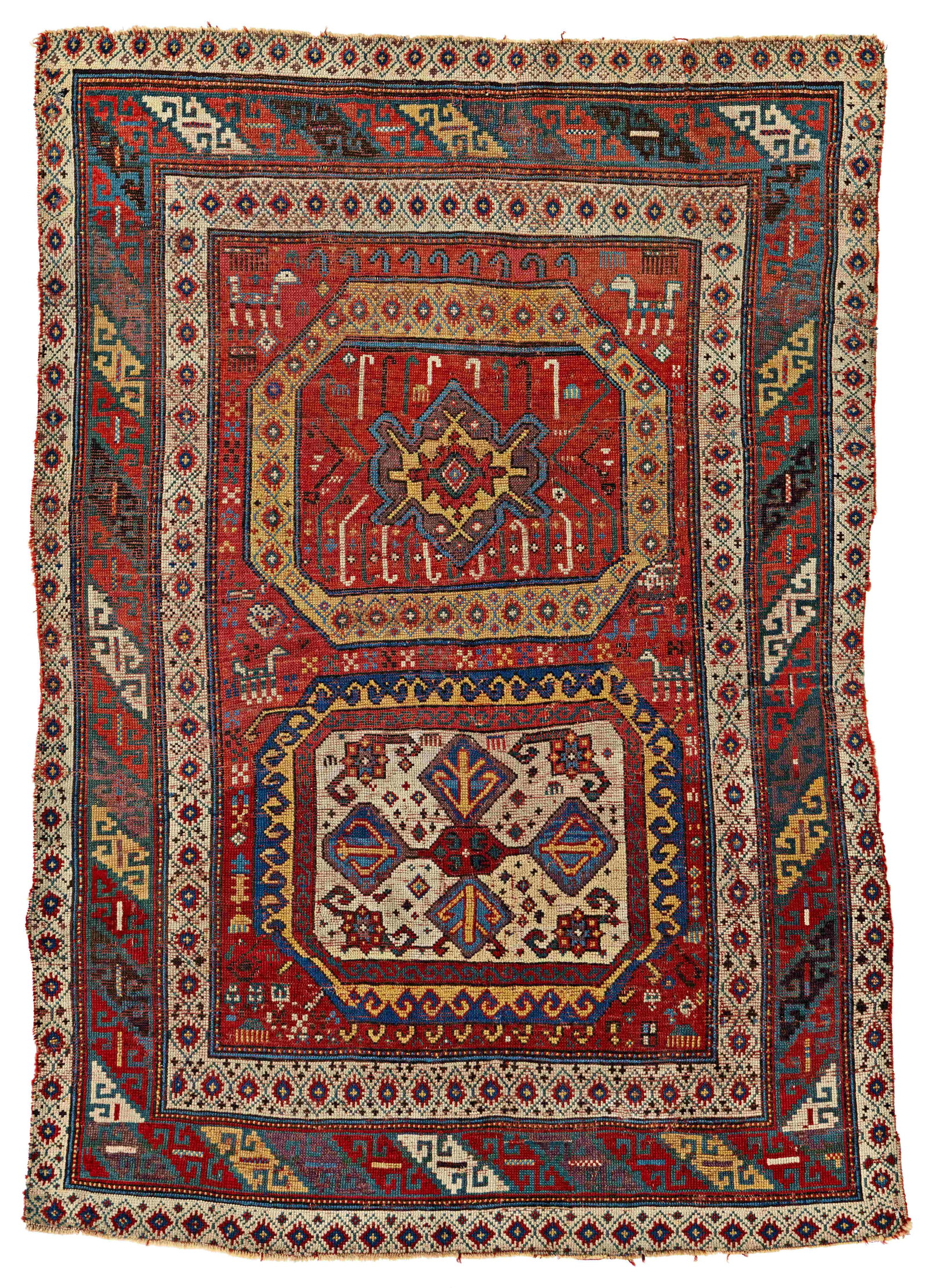 Early Exceptional Kazak Rug: Early Exceptional Kazak 161 x 112 cm (5' 3" x 3' 8") Caucasus, ca. 1800 or before Condition: according to age, low pile, sides and ends incomplete, several professional restorations Published: "Weise