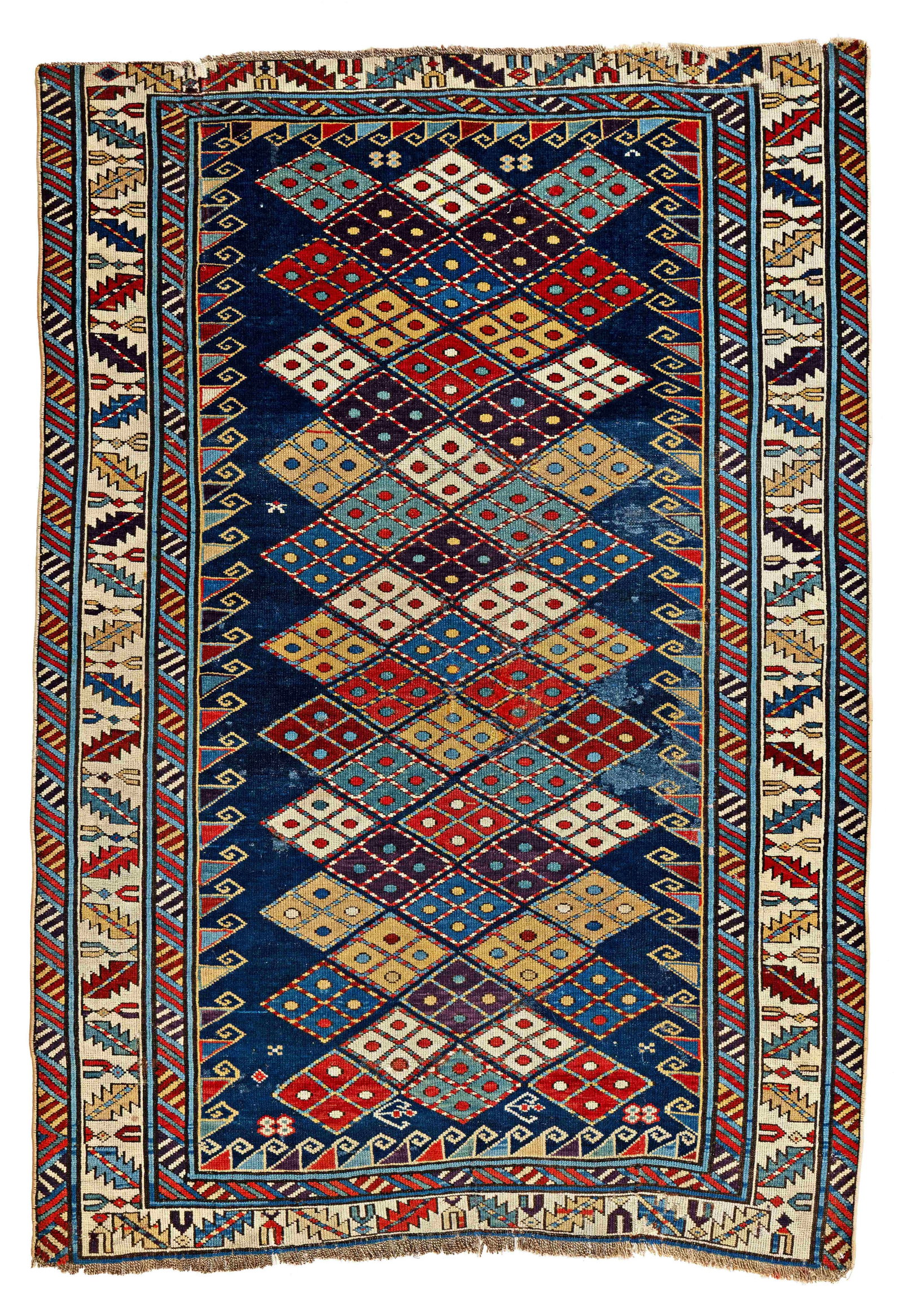 Unusual Shirvan Rug: Unusual Shirvan 150 x 107 cm (4' 11" x 3' 6") Caucasus, mid 19th century Condition: used, low pile in places, both ends incomplete, several old repairs and reweavings, selvedges rebound Published: