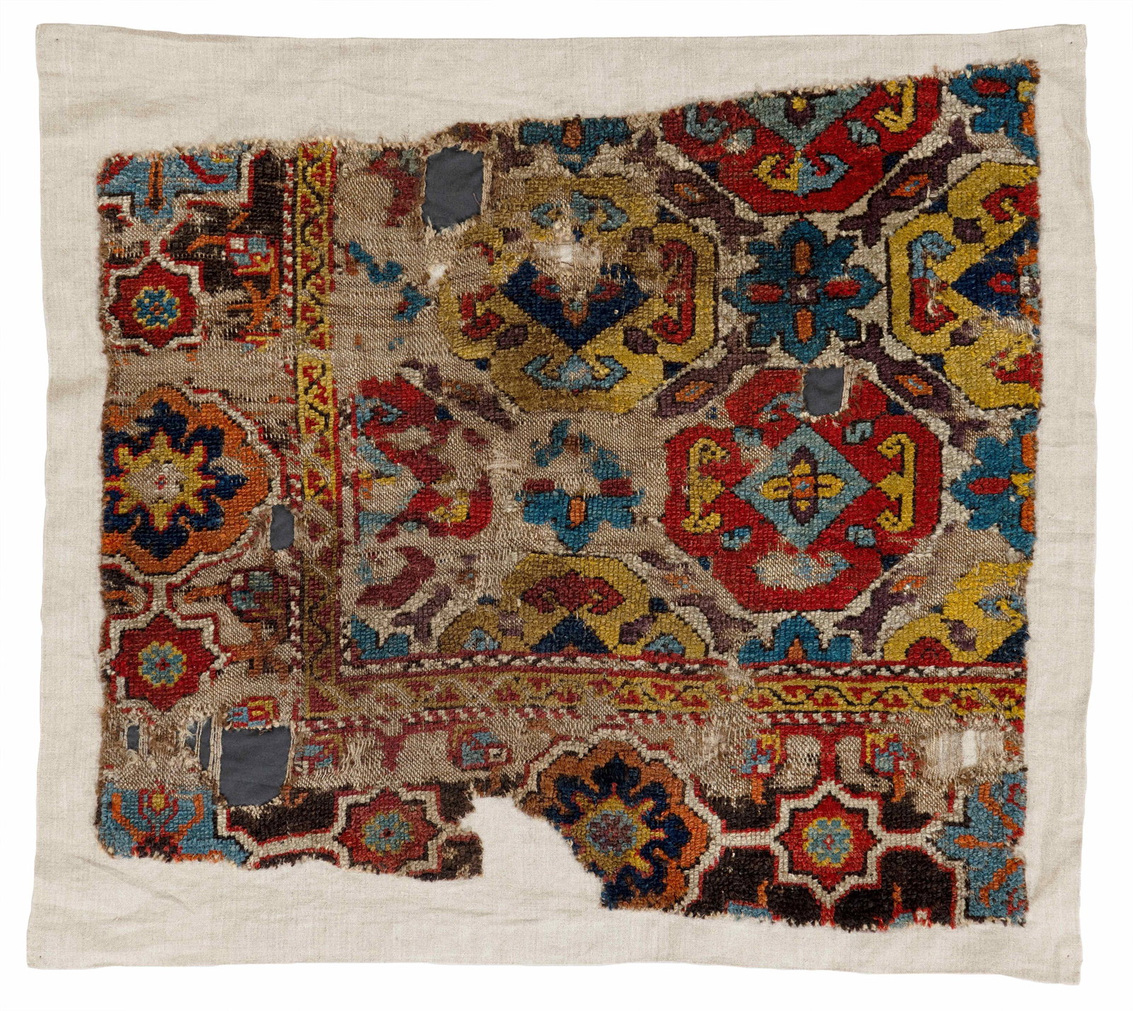 Early Transcaucasian Carpet Fragment: Early Transcaucasian Carpet Fragment 72 x 63 cm (2' 4" x 2' 1") Caucasus, 17th century Condition: fragment, sewn on fabric Published: "Weise Collection - Ambassadors from the Orient", Roland Weise,