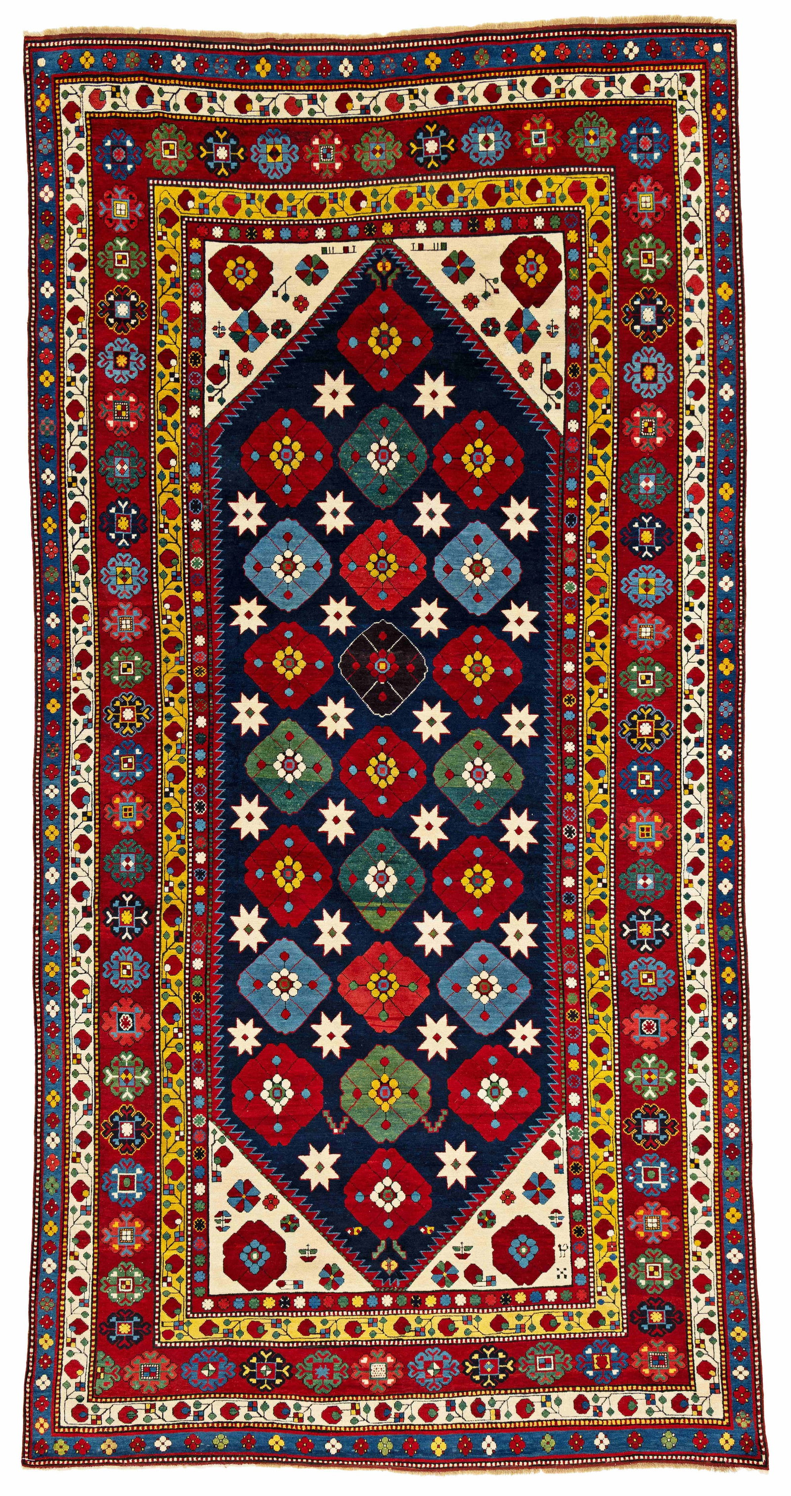 Large Lambalo Kazak Rug: Large Lambalo Kazak 370 x 185 cm (12' 2" x 6' 1") Caucasus, late 19th century Condition: very good, full pile, corroded dark brown, scattered small repairs Warp: wool, weft: wool, pile: wool