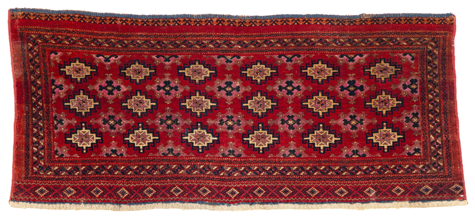 Early Salor Torba: Early Salor Torba 130 x 57 cm (4' 3" x 1' 10") Turkmenistan, mid 18th century or before Condition: very good for its age, full pile, minor small repairs, corroded purple silk, slight signs of use