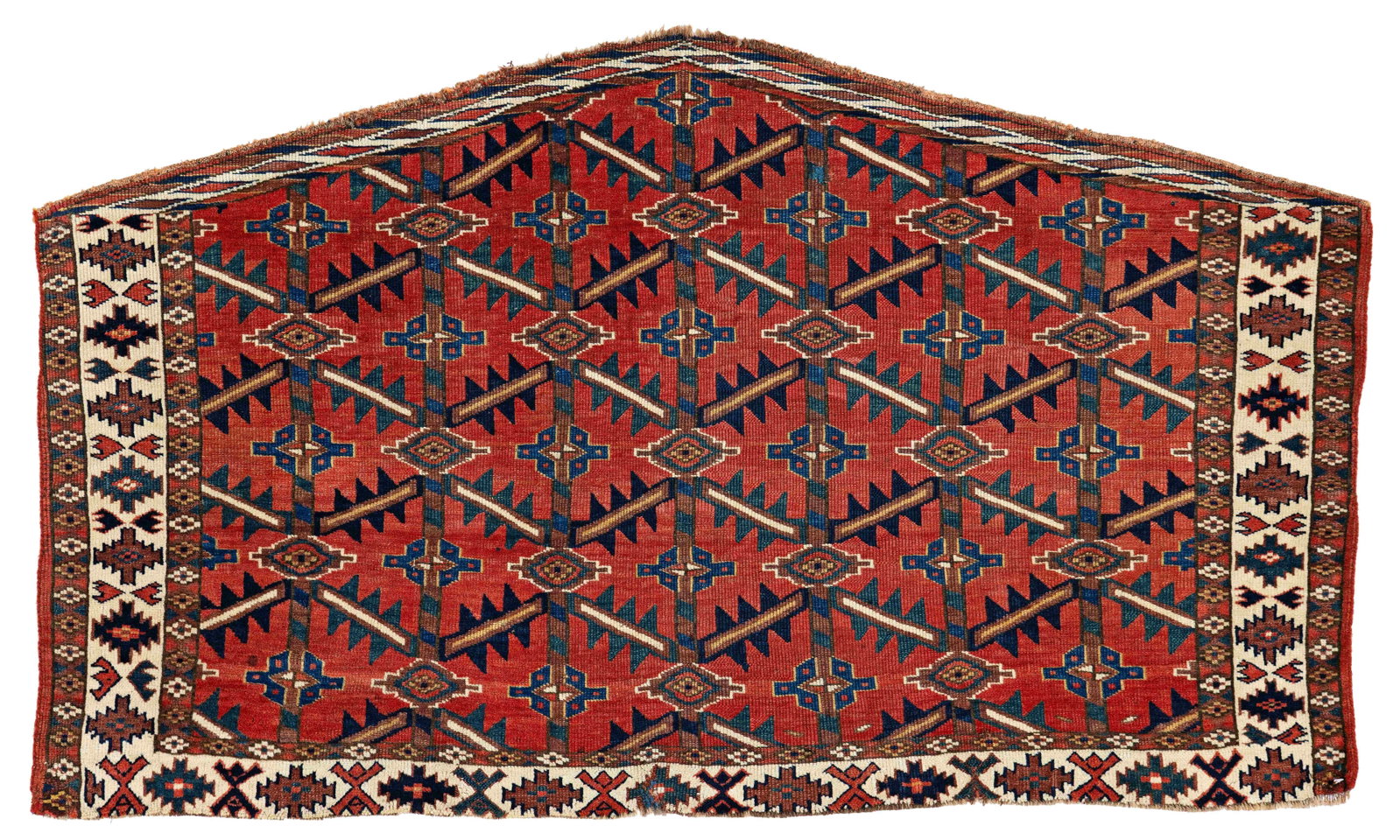 Red-Ground Karadashli Asmalyk: Red-Ground Karadashli Asmalyk 119 x 71 cm (3' 11" x 2' 4") Turkmenistan, first half 19th century Condition: good, low pile but not worn, lower end incomplete, minor small repairs Warp: wool, weft: