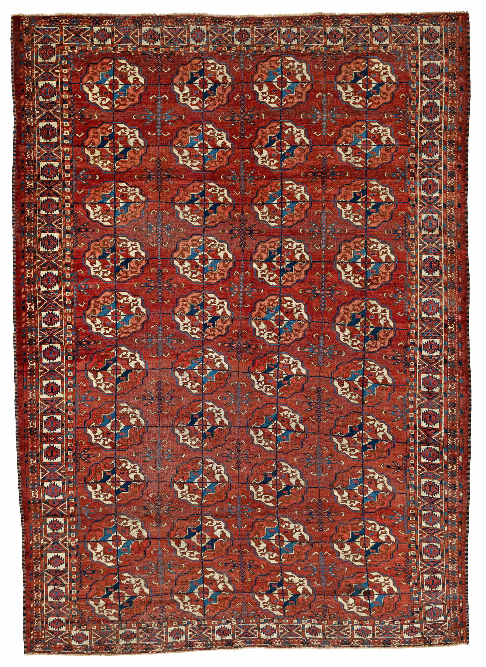 Early Tekke Main Carpet: Early Tekke Main Carpet 288 x 210 cm (9' 5" x 6' 11") Turkmenistan, ca. 1800 or before Condition: very good for its age, low pile in places, scattered small repairs Provenance: ex Hans-Christian