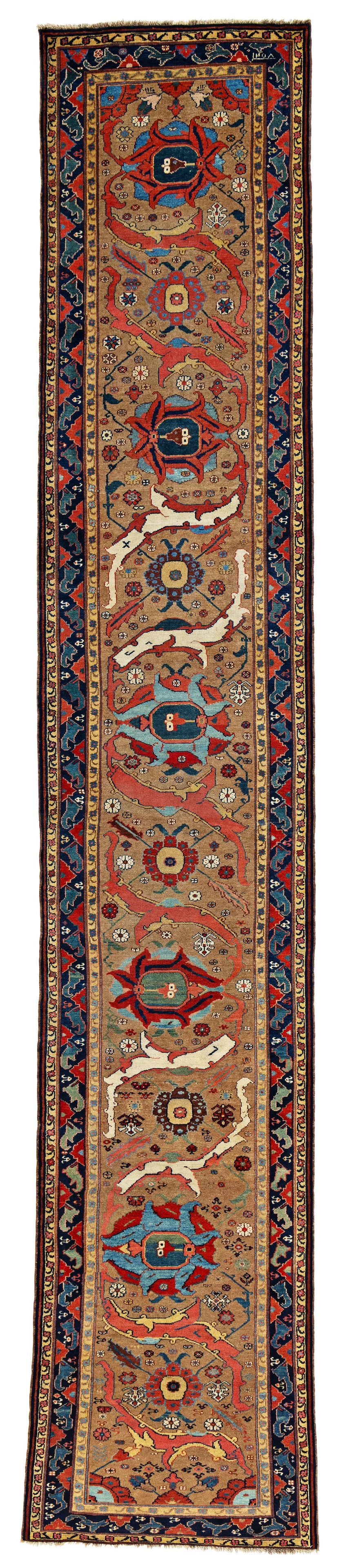 Northwest Persian Runner: Northwest Persian Runner 486 x 87 cm (15' 11" x 2' 10") Persia, dated 1258 ? (1841 ?) Condition: very good, scattered low pile, lower end slightly incomplete, minor small repairs Warp: wool, weft: