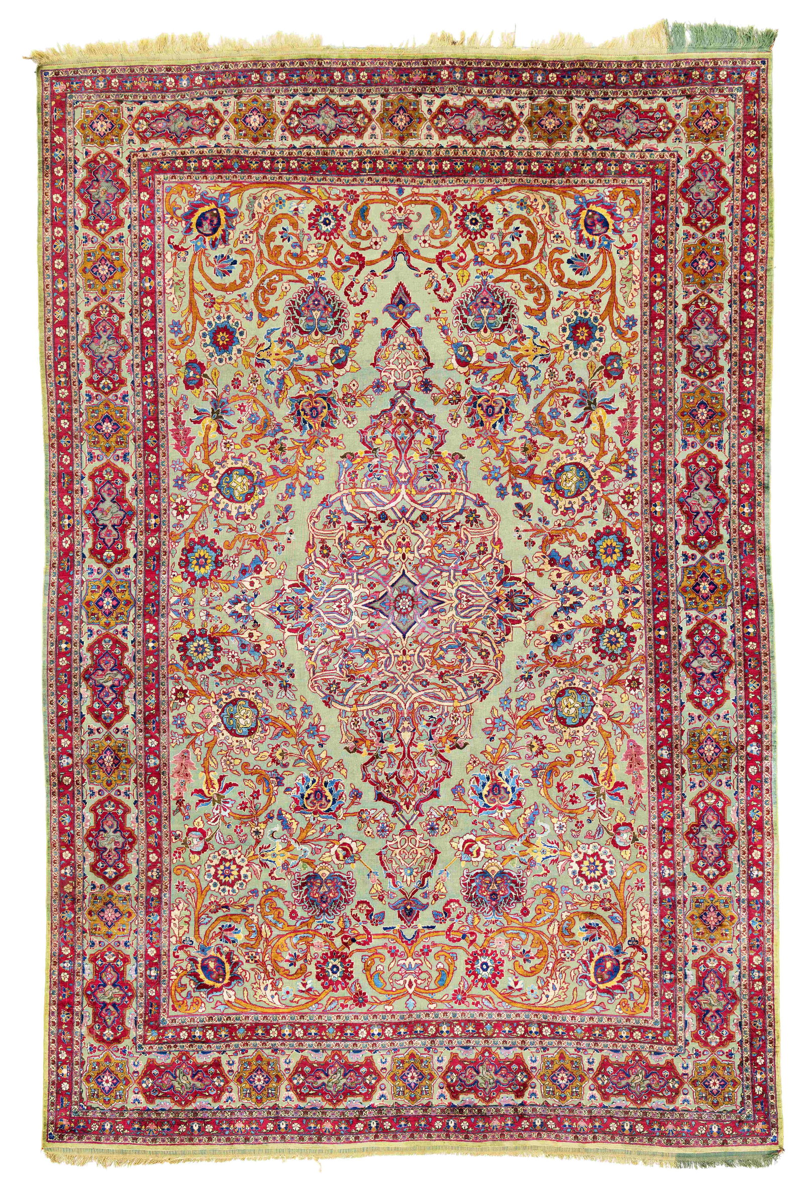 Fine Silk Kashan Souf Carpet with metal brocade: Fine Silk Kashan Souf with metal brocade 317 x 208 cm (10' 5" x 6' 10") Persia, ca. 1900 Condition: very good, full pile, slight signs of use on the fringes Warp: silk, weft: silk, pile: silk and