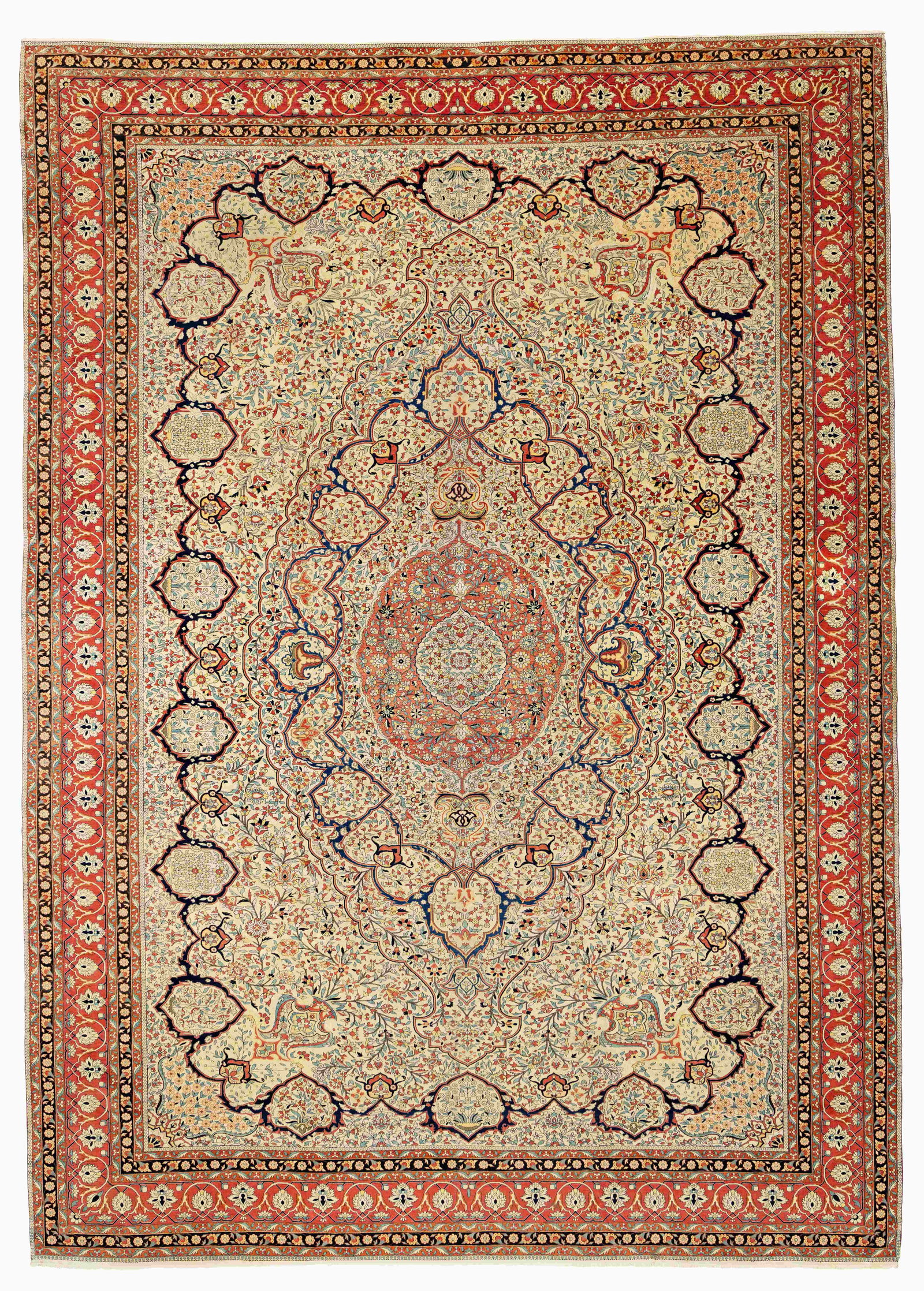 Fine Large Kashan Mohtashem Carpet: Fine Large Kashan Mohtashem 456 x 326 cm (15' x 10' 8") Persia, early 20th century Condition: very good, scattered low pile but not worn Warp: cotton, weft: cotton, pile: wool It takes great skill