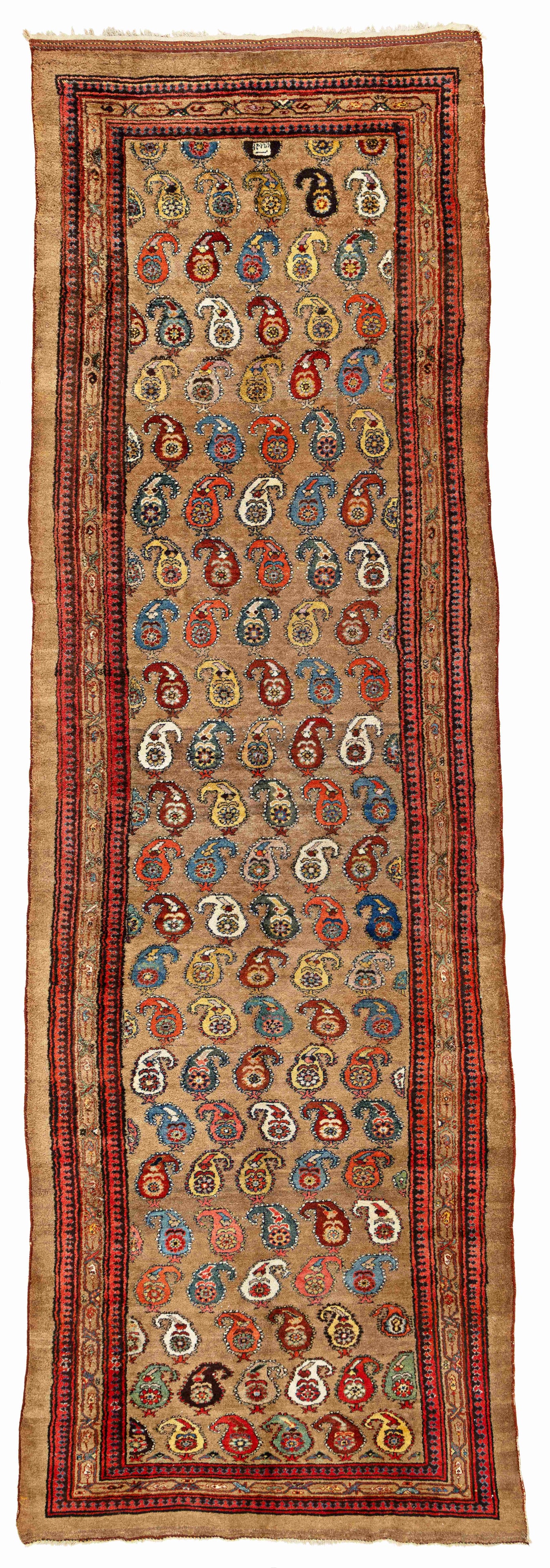 Large Unusual Sarab Carpet: Large Unusual Sarab 595 x 197 cm (19' 6" x 6' 6") Persia, dated 1288 (1870) Condition: very good, full pile, several small repairs Warp: cotton, weft: cotton, pile: wool