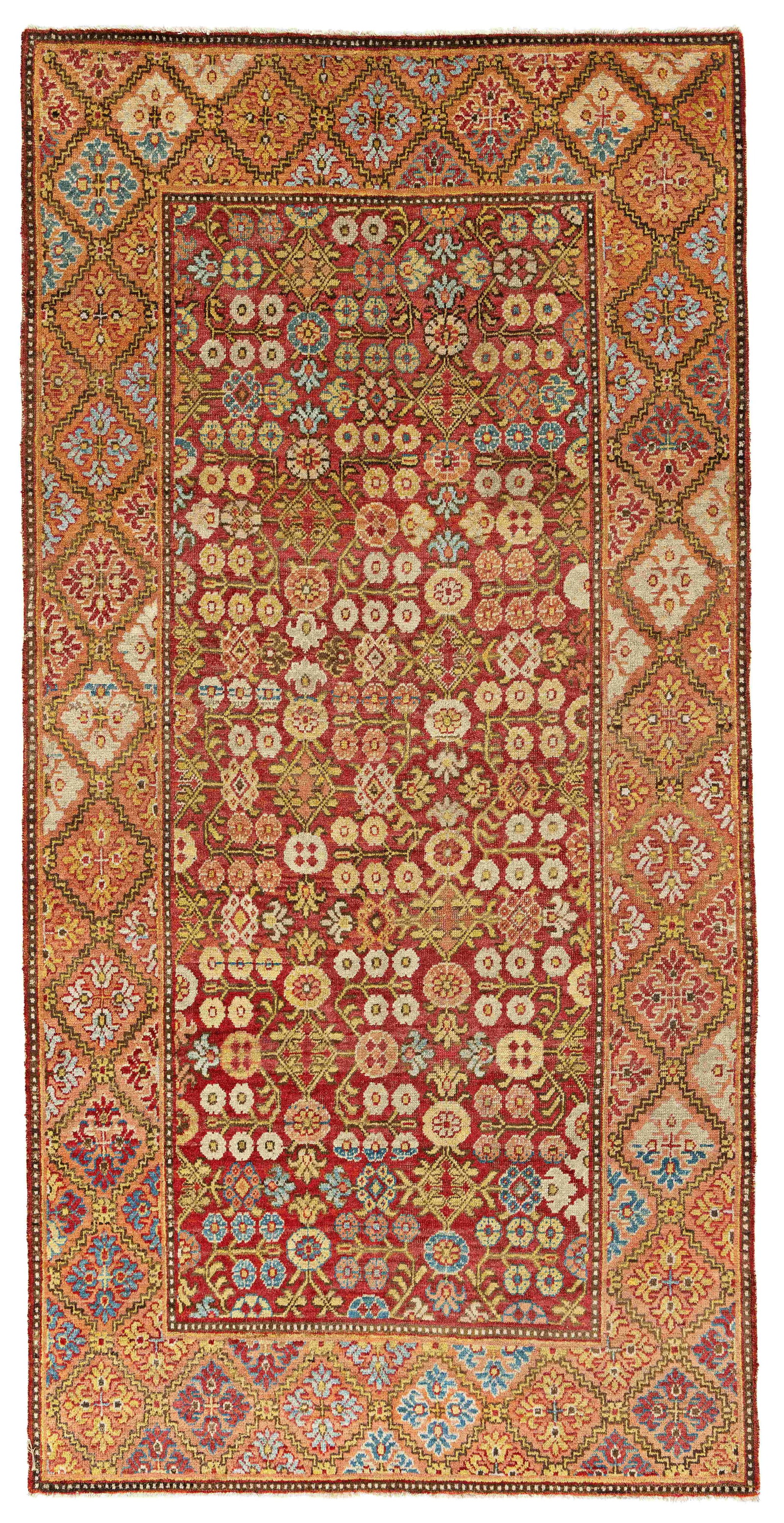Khotan Rug: Khotan 308 x 152 cm (10' 1" x 5') East Turkestan, early 19th century Condition: good, scattered low pile, several small professional restorations, signs of use on the sides Published: "Carpets from