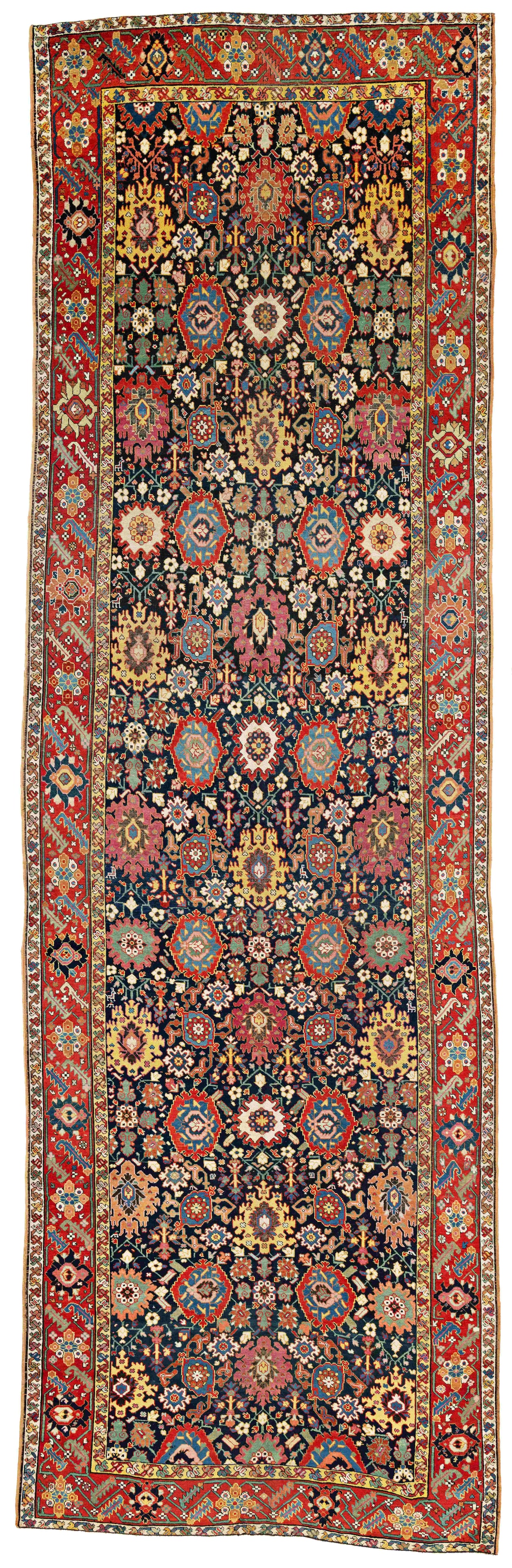 Early Karabagh Carpet: Early Karabagh 576 x 174 cm (18' 11" x 5' 9") Caucasus, ca. 1800 Condition: good for its age, low pile in places, corroded dark brown, scattered small repairs, both ends slightly incomplete Warp: