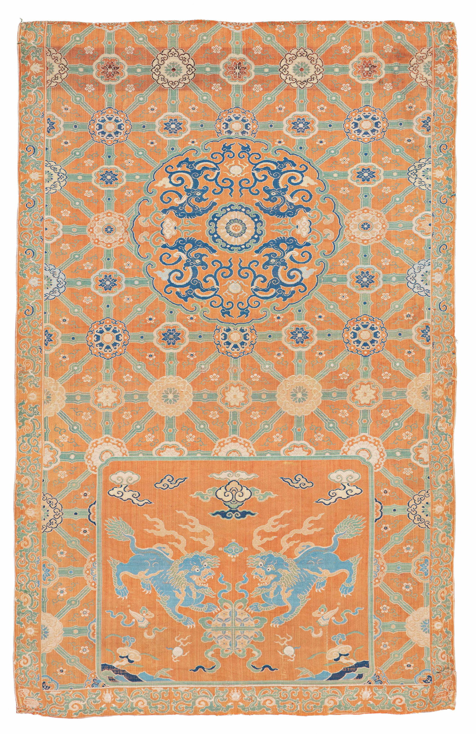 Fine Chinese silk seat cushion fragment: Fine Chinese silk seat cushion fragment 82 x 53 cm (2' 8" x 1' 9") China, 18th century or before Condition: good, reduced in length, scattered small abrasions, slight signs of use Silk on silk