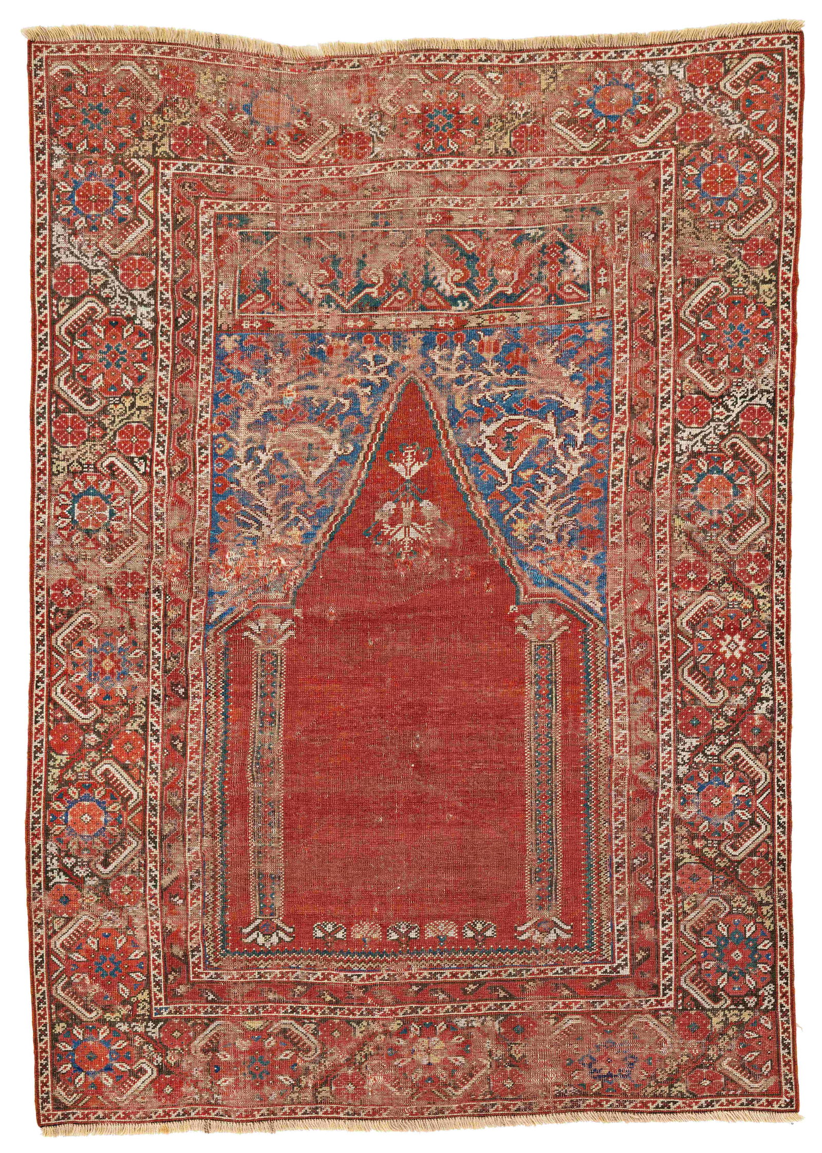 Early Ghiordes Prayer Rug: Early Ghiordes Prayer Rug 153 x 110 cm (5' x 3' 7") Turkey, 18th century Condition: used, low pile, several old repairs, signs of use Warp: wool, weft: wool, pile: wool
