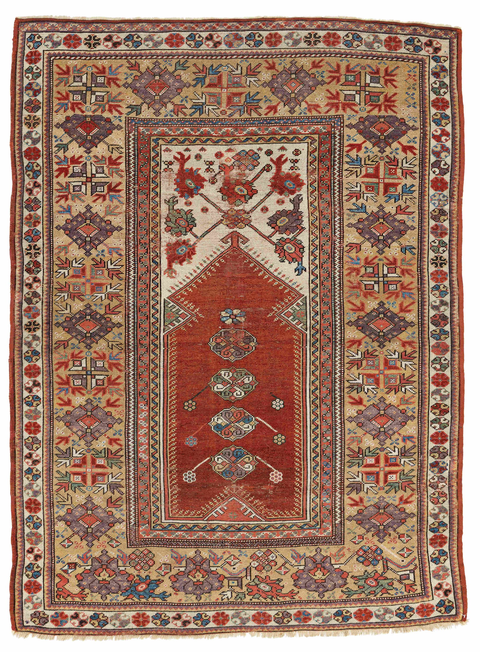 Melas Prayer Rug: Melas Prayer Rug 156 x 116 cm (5' 1" x 3' 10") Turkey, mid 19th century Condition: good, low pile, corroded dark brown, scattered small repairs Warp: wool, weft: wool, pile: wool