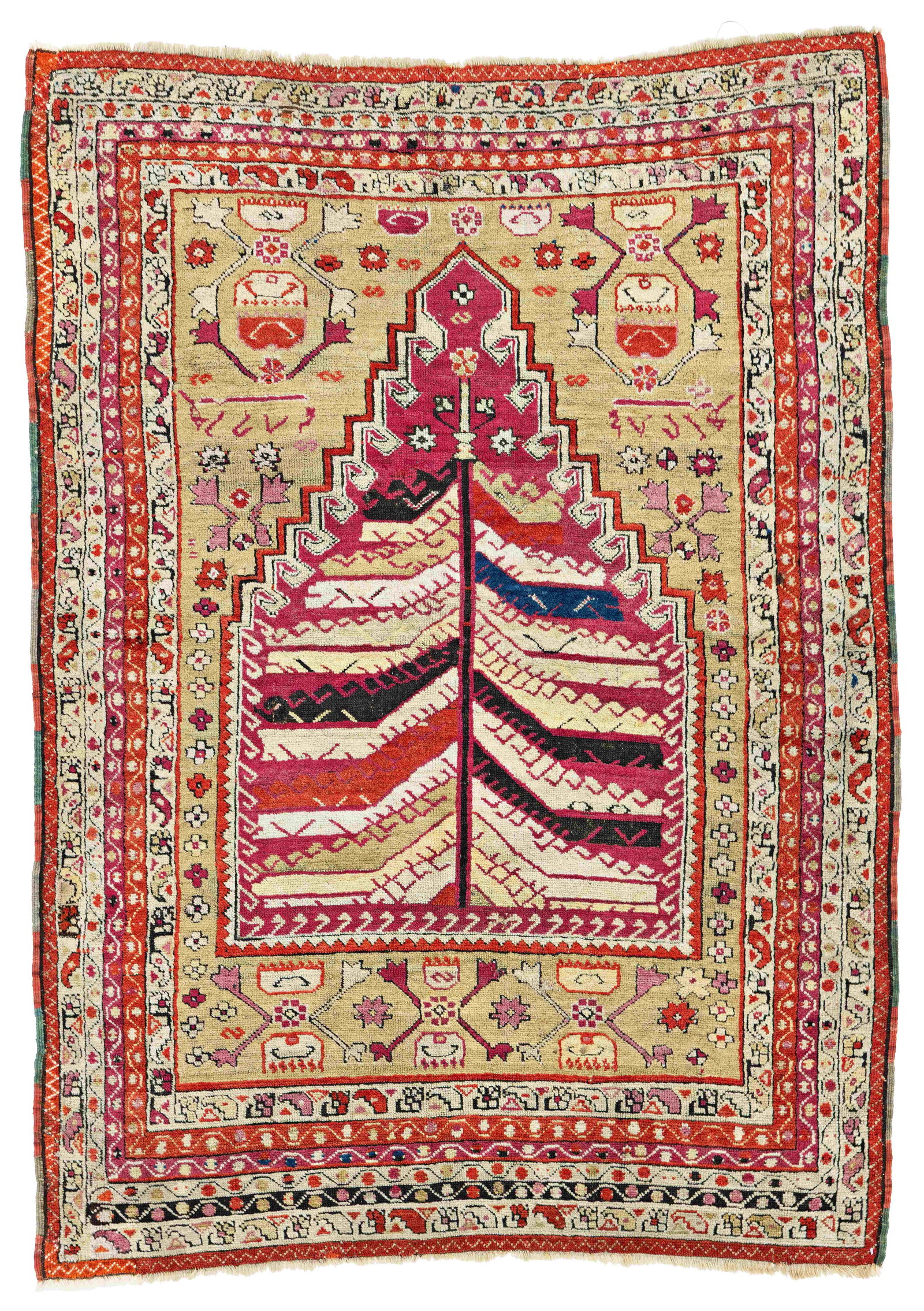 Kirsehir Prayer Rug: Kirsehir Prayer Rug 151 x 107 cm (4' 11" x 3' 6") Turkey, dated 1274 (1857) Condition: good for its age, scattered low pile, lower left corner restored, both ends slightly incomplete, scattered small