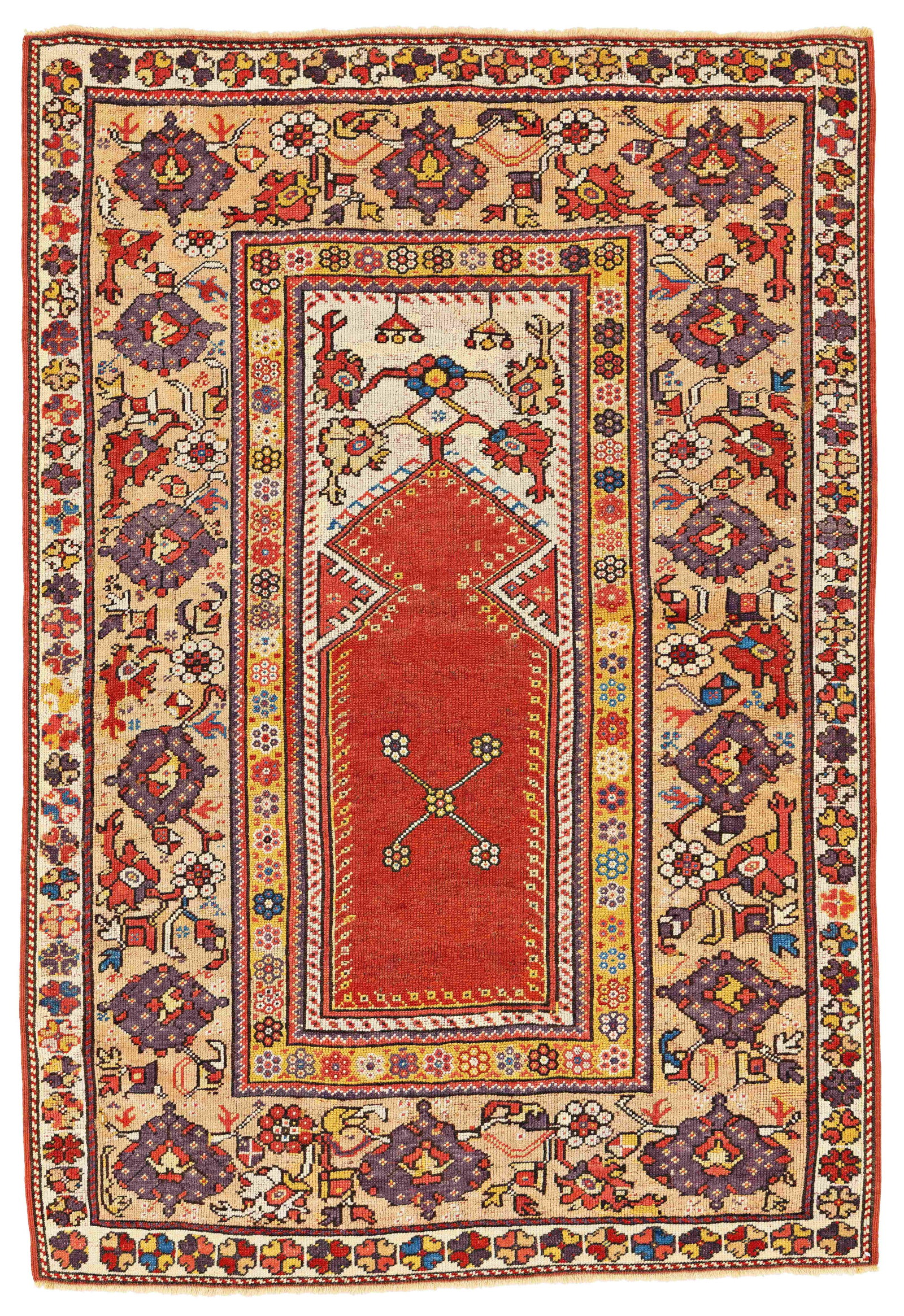 Melas Prayer Rug: Melas Prayer Rug 157 x 108 cm (5' 2" x 3' 7") Turkey, second half 19th century Condition: good, low pile, sides and ends slightly restored, several small old repairs Warp: wool, weft: wool, pile: wool