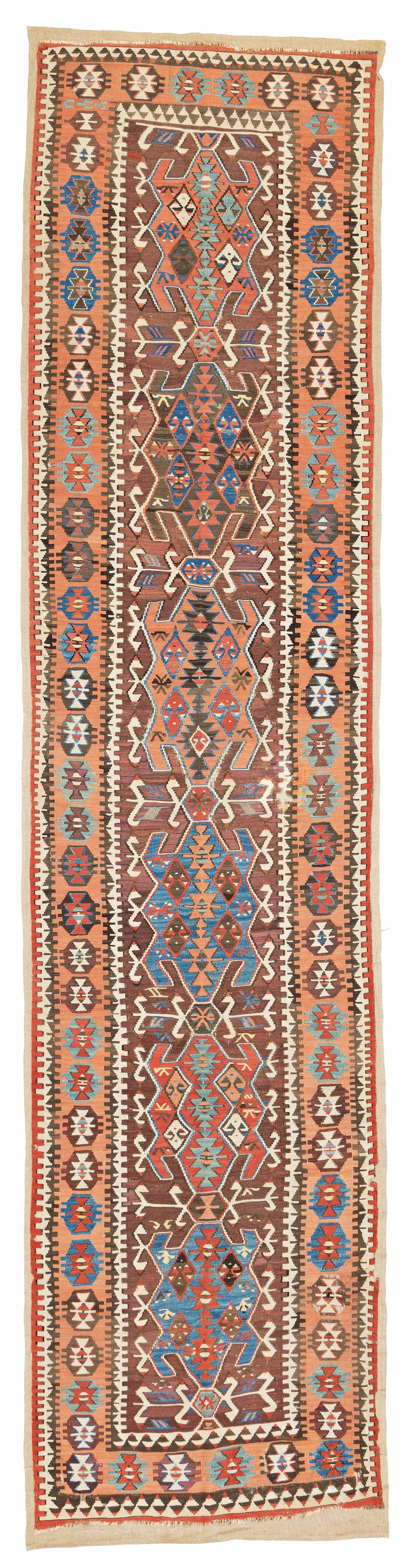 Obruk Kilim: Obruk Kilim 468 x 109 cm (15' 4" x 3' 7") Turkey, second half 19th century Condition: used, several missing parts and small holes, scattered old repairs, signs of use, sewn on fabric Warp: wool, weft: