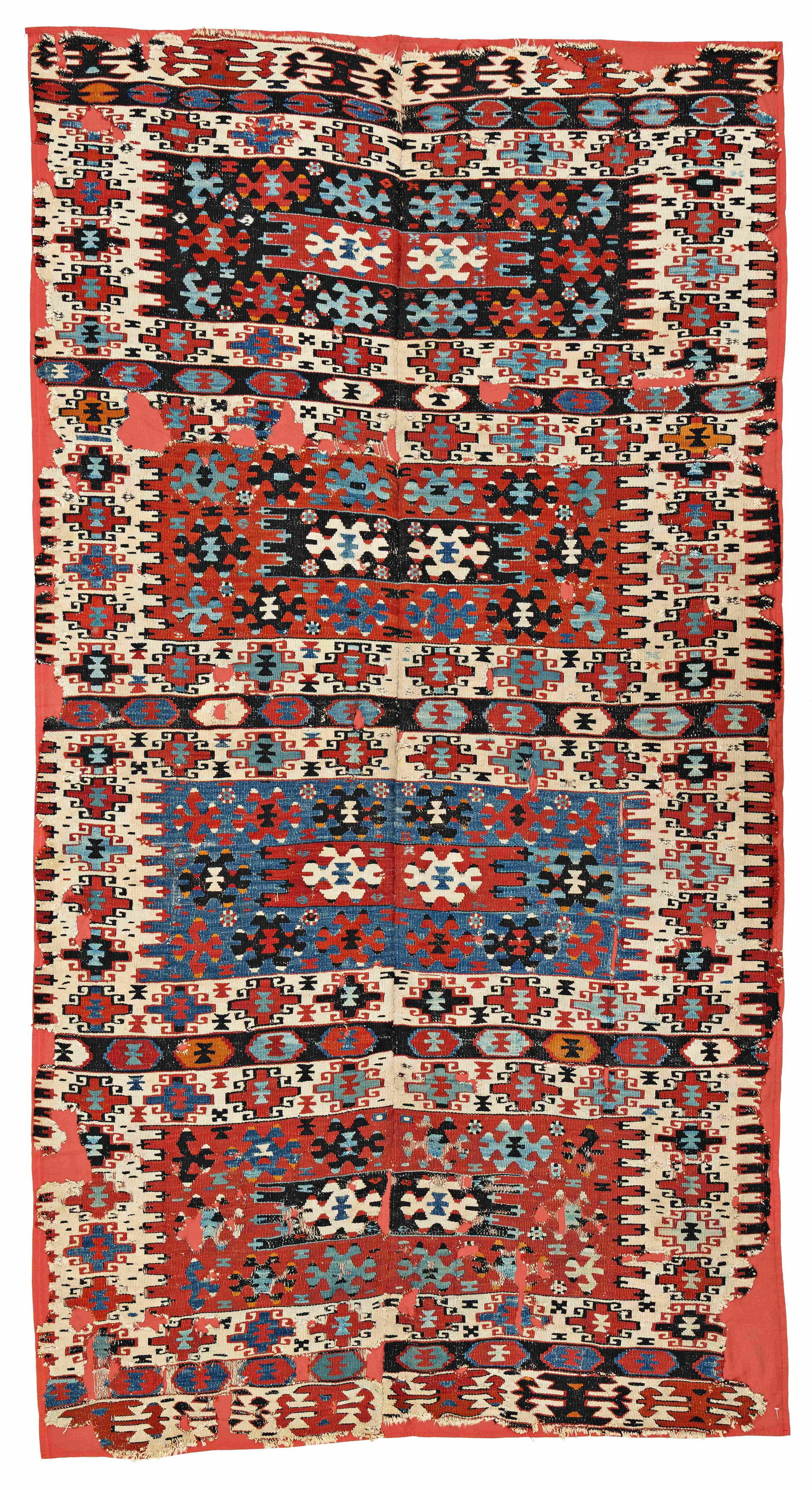 Aydin Kilim: Aydin Kilim 277 x 150 cm (9' 1" x 4' 11") Turkey, second half 19th century Condition: used, several missing parts and holes, sides and ends incomplete, sewn on fabric Warp: wool, weft: wool