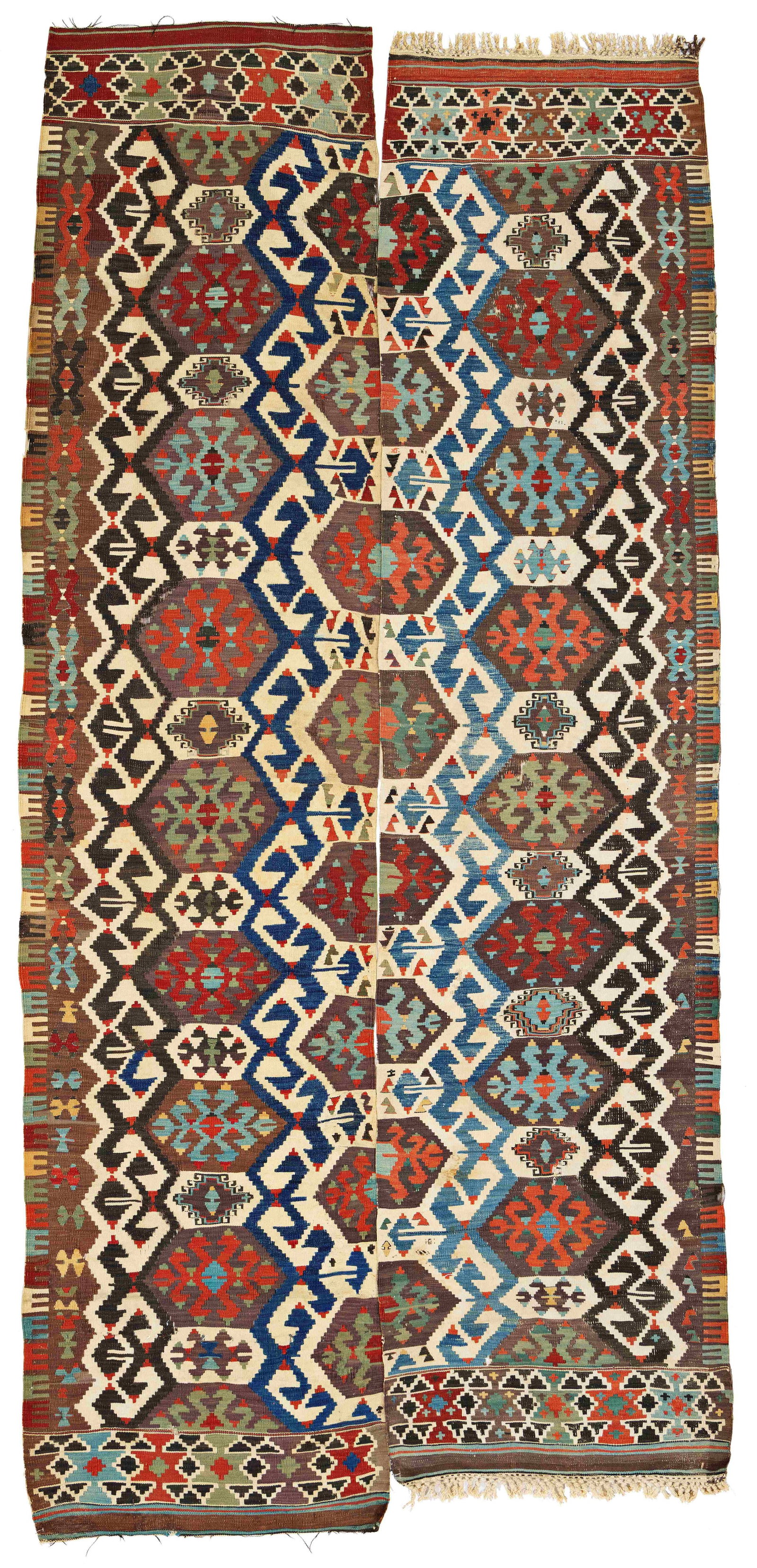 Konya Kilim: Konya Kilim 314 x 148 cm (10' 4" x 4' 10") Turkey, second half 19th century Condition: good, several old repairs, some small holes, signs of use Warp: wool, weft: wool