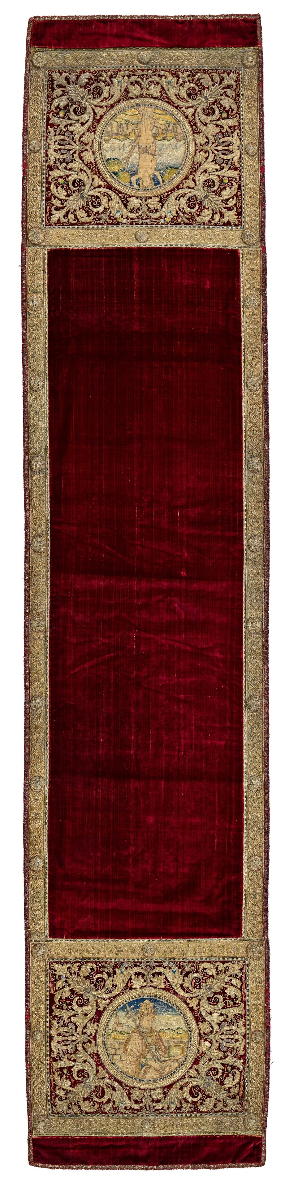 European Liturgical Textile: European Liturgical Textile 265 x 56 cm (8' 8" x 1' 10") Italy/Spain, 17th century Condition: very good for its age, slight signs of use Gold and silver threads and silk on velvet