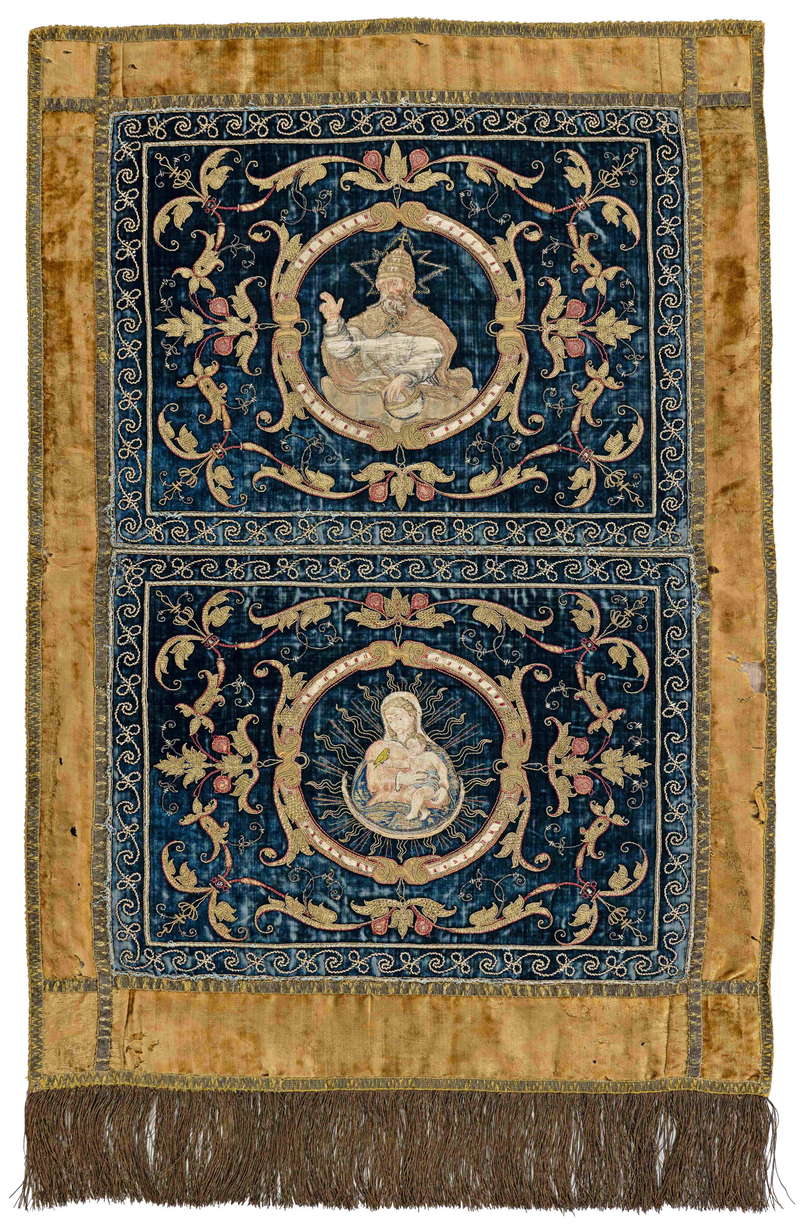European Liturgical Textile: European Liturgical Textile 100 x 70 cm (3' 3" x 2' 4") Italy/Spain, 17th century Condition: good for its age, some small holes, abrasions and signs of use Gold and silver threads and silk on velvet