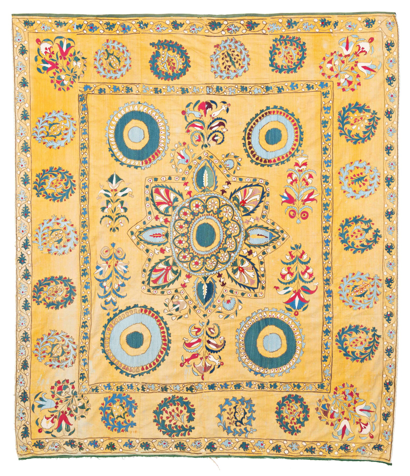 Lakai Suzani: Lakai Suzani 230 x 200 cm (7' 7" x 6' 7") Uzbekistan, second half 19th century Condition: good, small damages and holes in the base fabric, signs of use Silk on silk