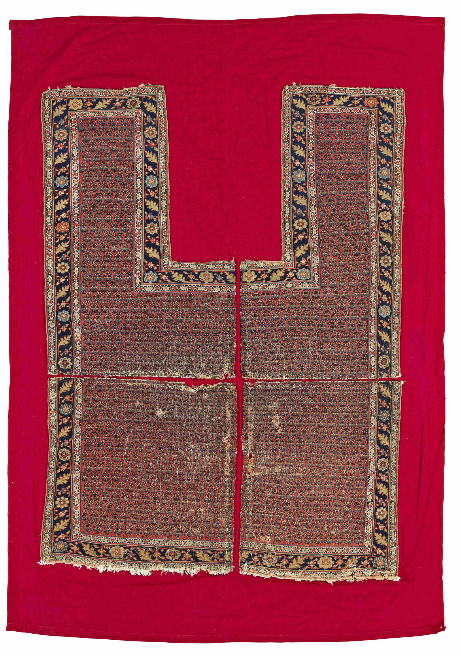 Bidjar Soumak Horse Cover: Bidjar Soumak Horse Cover 145 x 102 cm (4' 9" x 3' 4") Persia, first half 19th century Condition: used, four pieces sewn onto fabric, scattered small repairs, abrasions and holes Published: