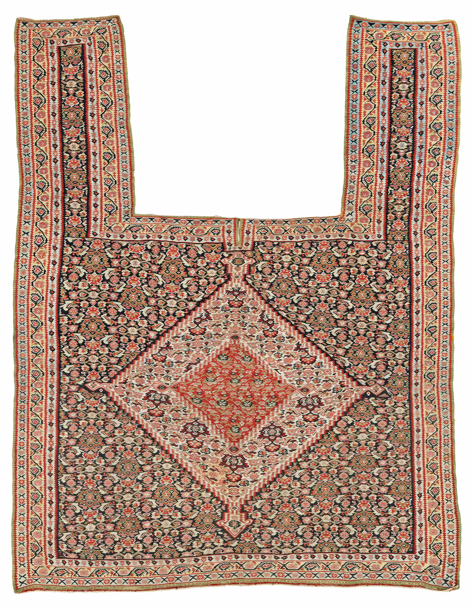 Senneh Kilim Horse Cover: Senneh Kilim Horse Cover 184 x 143 cm (6' x 4' 8") Persia, late 19th century Condition: good, scattered small repairs Published: "Schmuckpferdedecken", Karl Claus, 2000, plate 30 Warp: cotton, weft: w