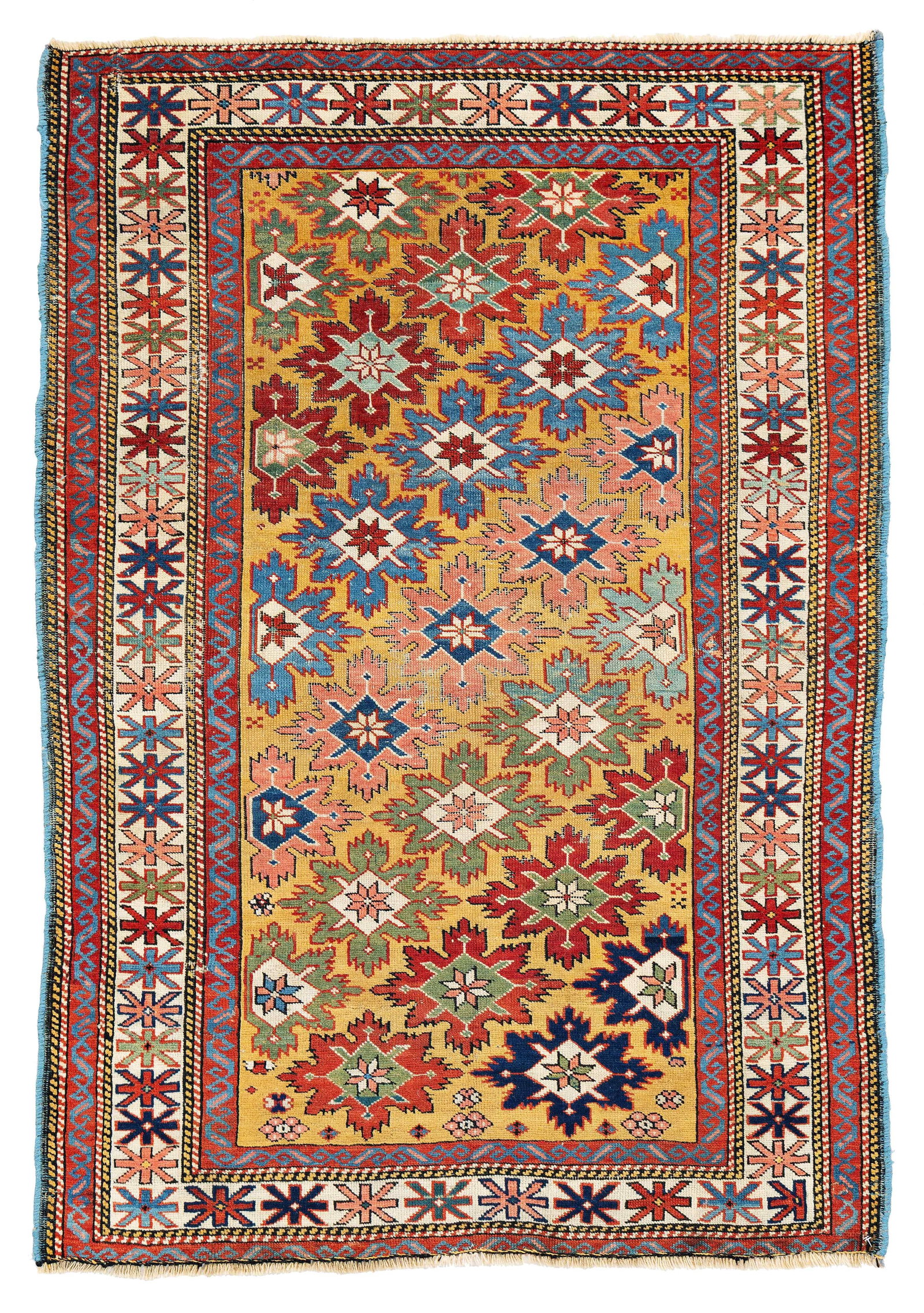 Kuba Rug: Kuba 143 x 100 cm (4' 8" x 3' 3") Caucasus, second half 19th century Condition: good, low pile in places, corroded dark brown, both ends slightly incomplete, scattered small repairs, selvedges