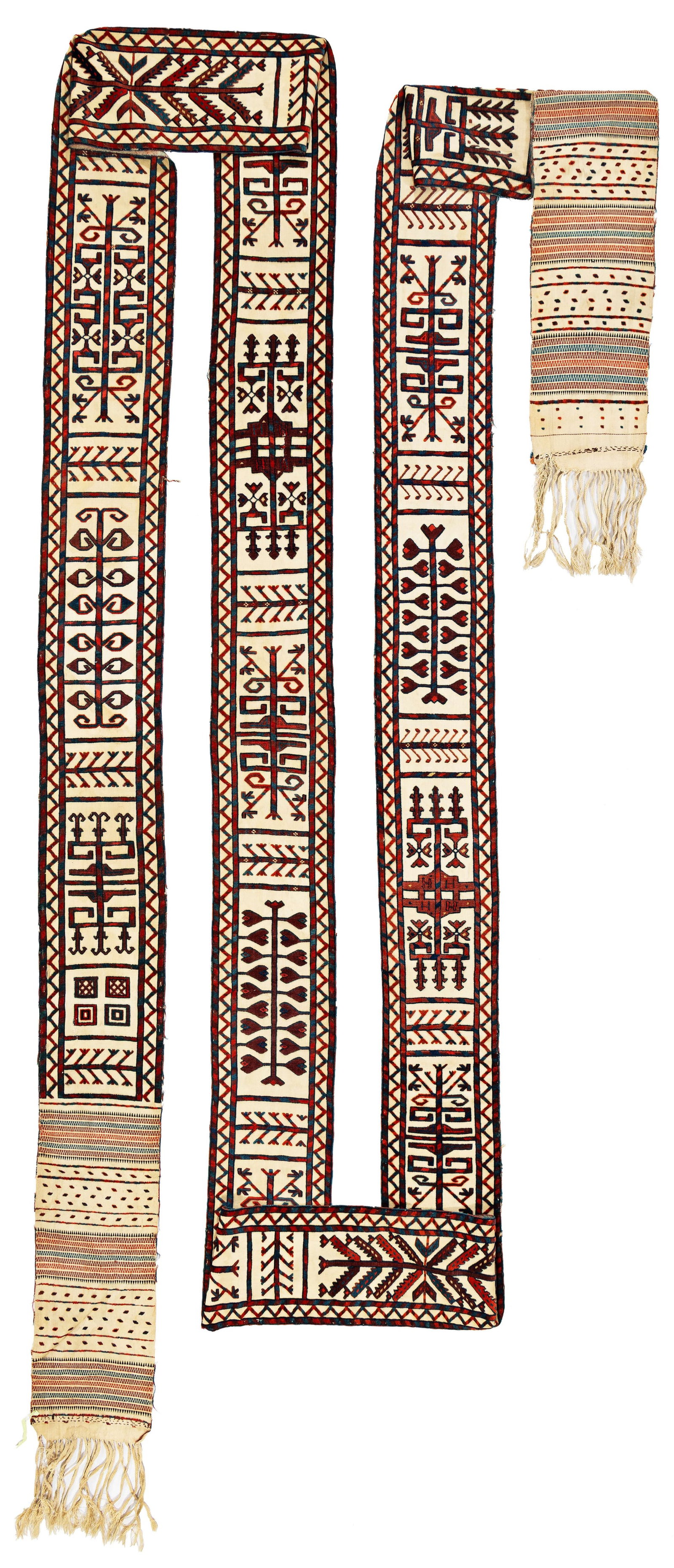 Complete Yomut Tent Band: Complete Yomut Tent Band 1387 x 34 cm (45' 6" x 1' 1") Turkmenistan, second half 19th century Condition: good, good pile, scattered small repairs, scattered tears and holes, signs of use Warp: wool,