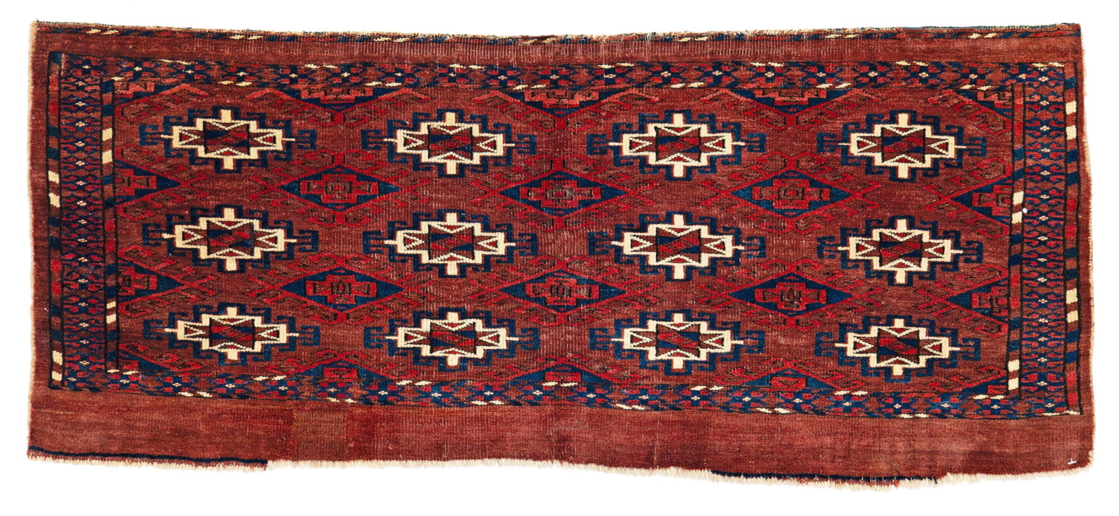 Eagle Group II Torba: Eagle Group II Torba 100 x 42 cm (3' 3" x 1' 5") Turkmenistan, mid 19th century Condition: good, scattered low pile, lower end partially slightly incomplete, signs of use on sides and ends, one