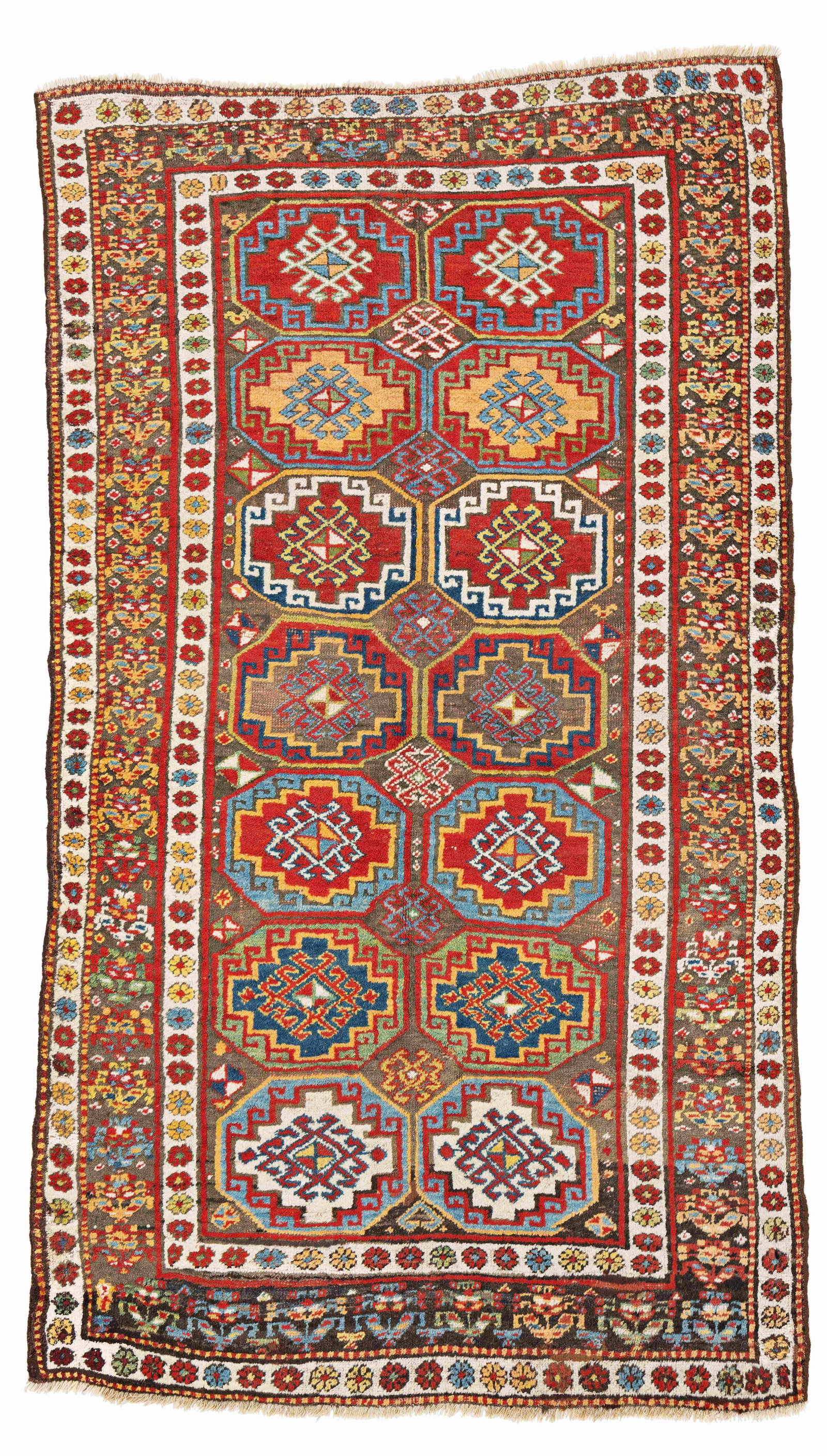 Saujbulag Rug: Saujbulag 236 x 135 cm (7' 9" x 4' 5") Persia, late 19th century Condition: good, mostly good pile, partially heavily corroded brown, several old repairs Warp: wool, weft: wool, pile: wool