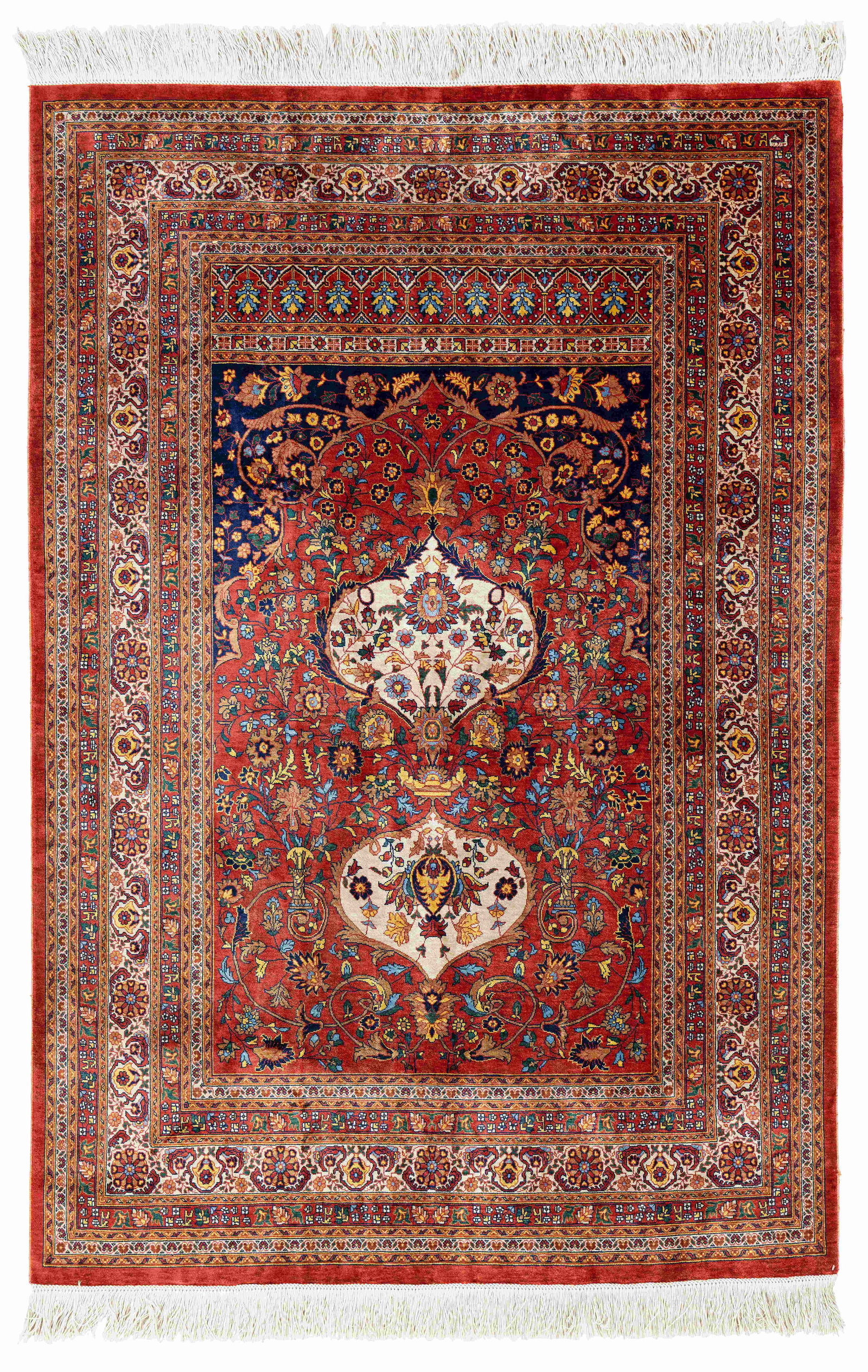 Silk Tabriz Rug: Silk Tabriz 193 x 131 cm (6' 4" x 4' 4") Persia, mid 20th century Condition: very good, good pile, minor signs of use on the sides Warp: silk, weft: silk, pile: silk