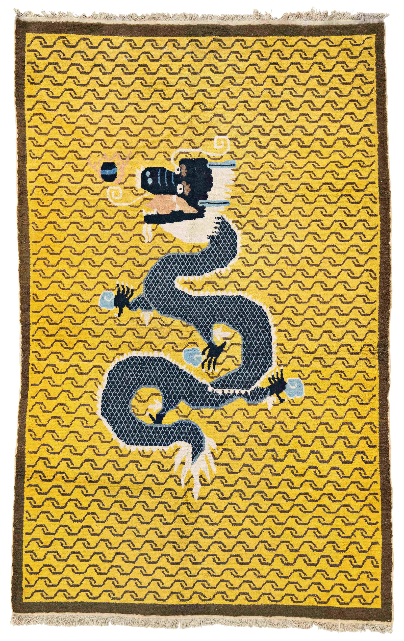 Sino Tibet Dragon Rug: Sino Tibet Dragon Rug 234 x 147 cm (7' 8" x 4' 10") China, mid 20th century Condition: good, good pile, scattered small moth damage Warp: cotton, weft: cotton, pile: wool