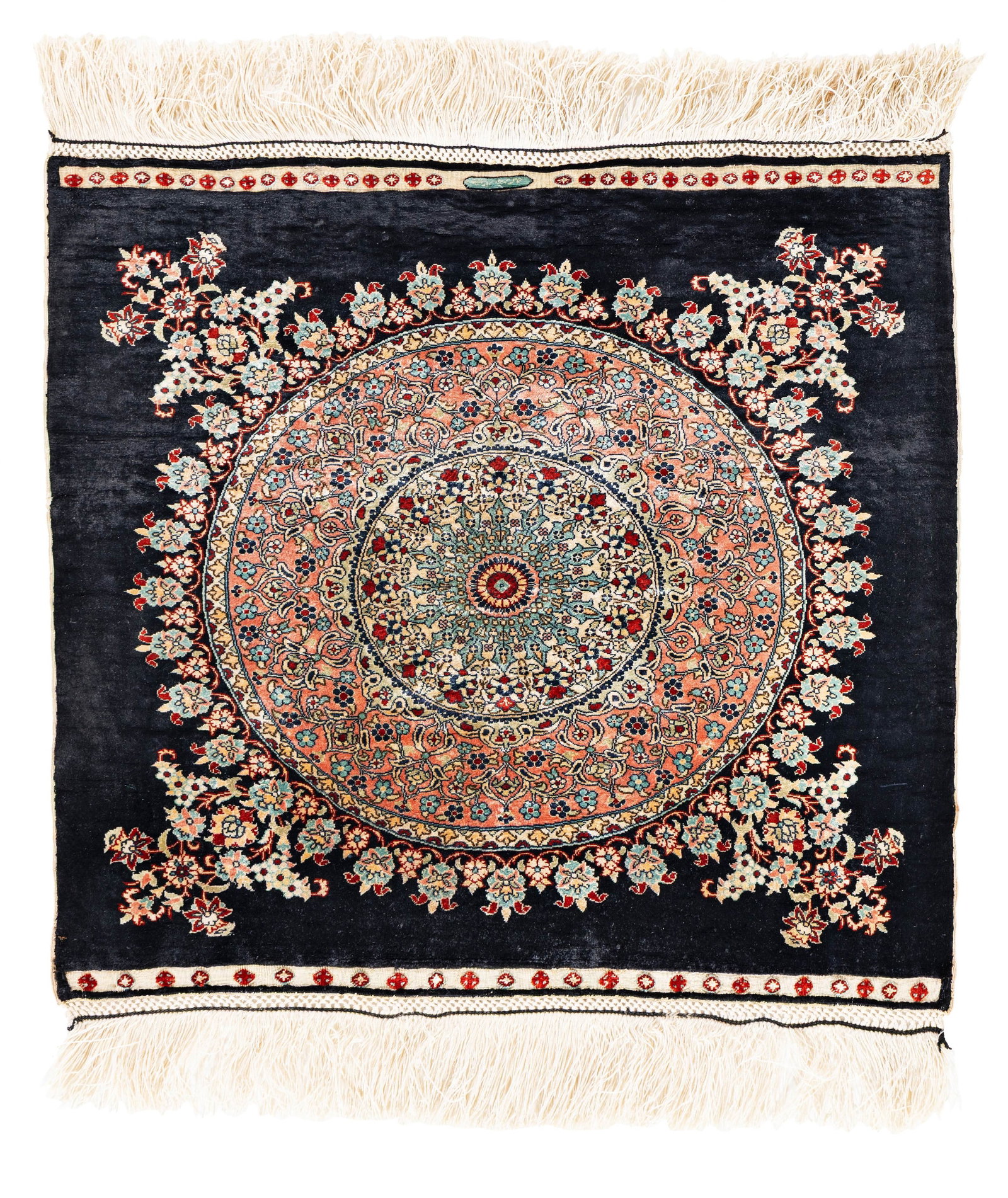 Signed Silk Hereke Rug (16 x 16 knots per sq cm): Signed Silk Hereke (16 x 16 knots per sq cm) 46 x 44 cm (1' 6" x 1' 5") Turkey, late 20th century Condition: very good, minor signs of use Warp: silk, weft: silk, pile: silk