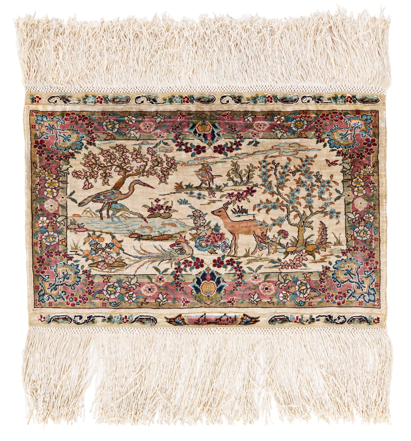Signed Silk Hereke Rug (12 x 12 knots per sq cm): Signed Silk Hereke (12 x 12 knots per sq cm) 41 x 27 cm (1' 4" x 11") Turkey, late 20th century Condition: very good, minor signs of use Warp: silk, weft: silk, pile: silk