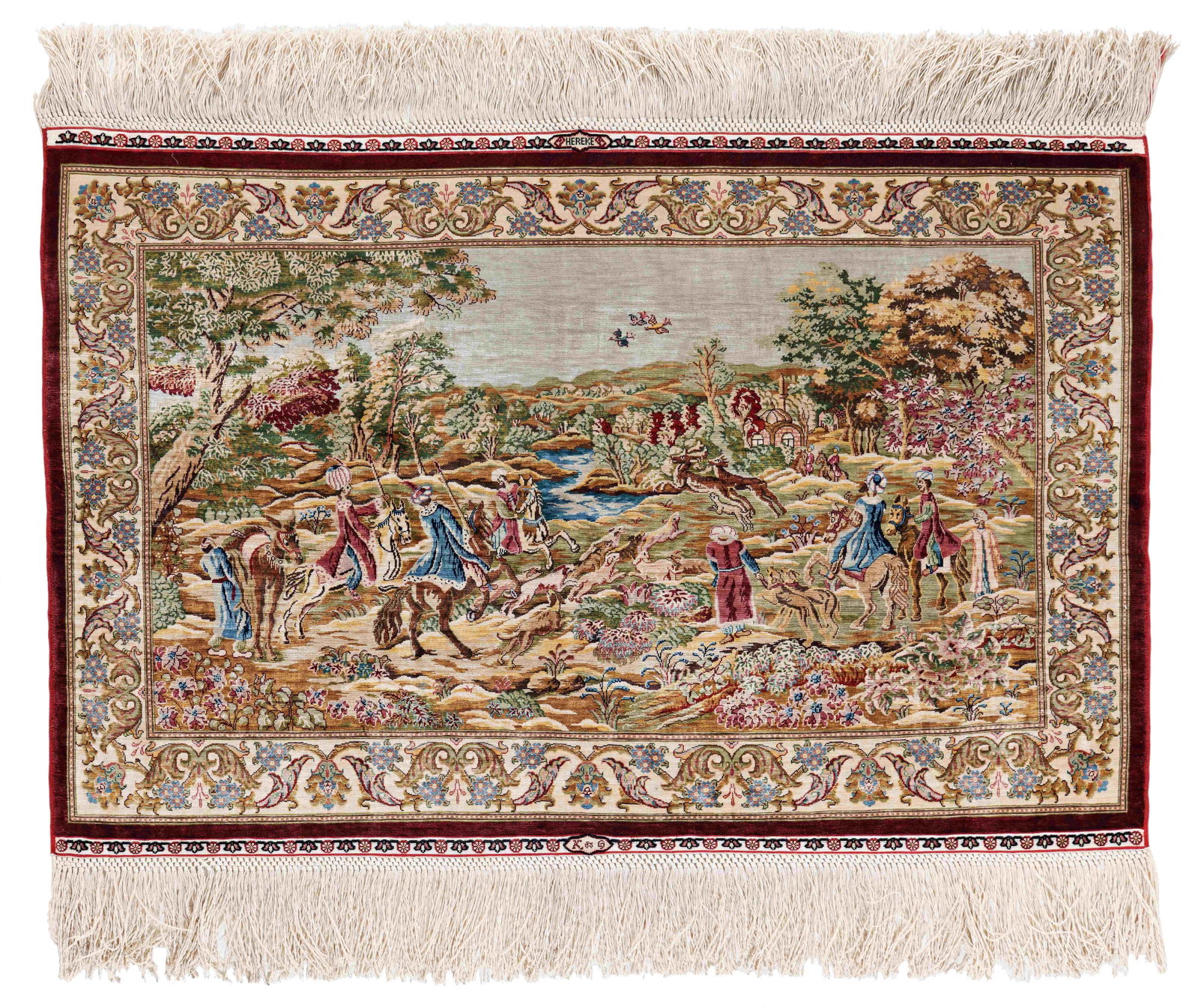 Signed Silk Hereke Pictorial Rug (12 x 12 knots per sq cm): Signed Silk Hereke Pictorial Rug (12 x 12 knots per sq cm) 89 x 59 cm (2' 11" x 1' 11") Turkey, late 20th century Condition: very good, minor signs of use Warp: silk, weft: silk, pile: silk