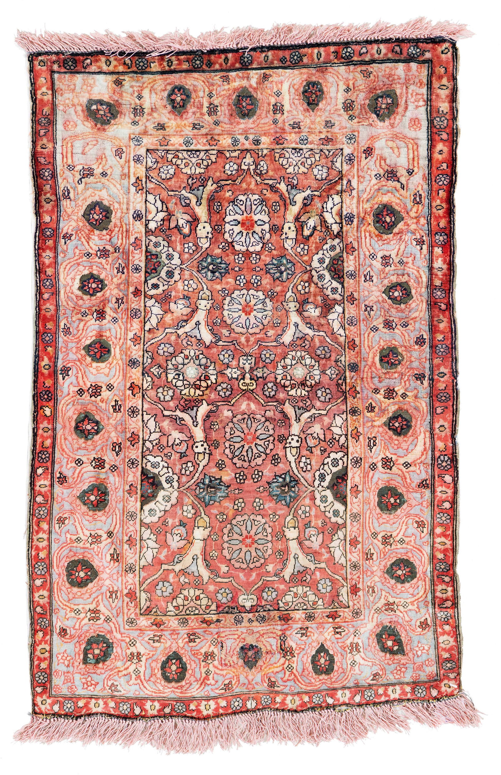 Silk Kum Kapi Poshti with metal brocade: Silk Kum Kapi Poshti with metal brocade 66 x 43 cm (2' 2" x 1' 5") Turkey, ca. 1920 Condition: good, good pile, a repair in the lower middle (ca. 6 x 6 cm) Warp: silk, weft: silk, pile: silk with
