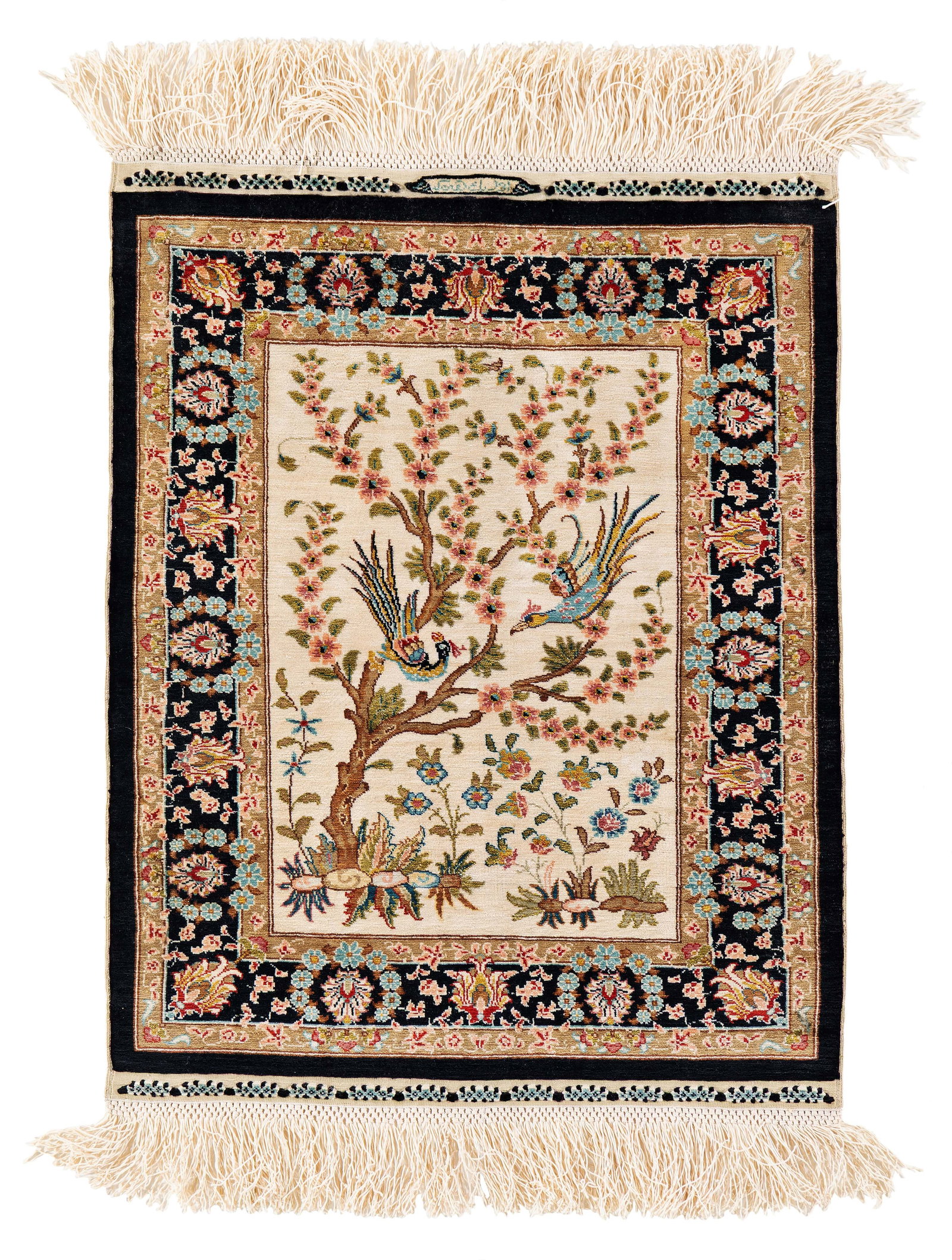 Signed Silk Hereke Özipek (13 x 13 knots per sq cm): Signed Silk Hereke Özipek (13 x 13 knots per sq cm) 42 x 34 cm (1' 5" x 1' 1") Turkey, late 20th century Condition: excellent Warp: silk, weft: silk, pile: silk