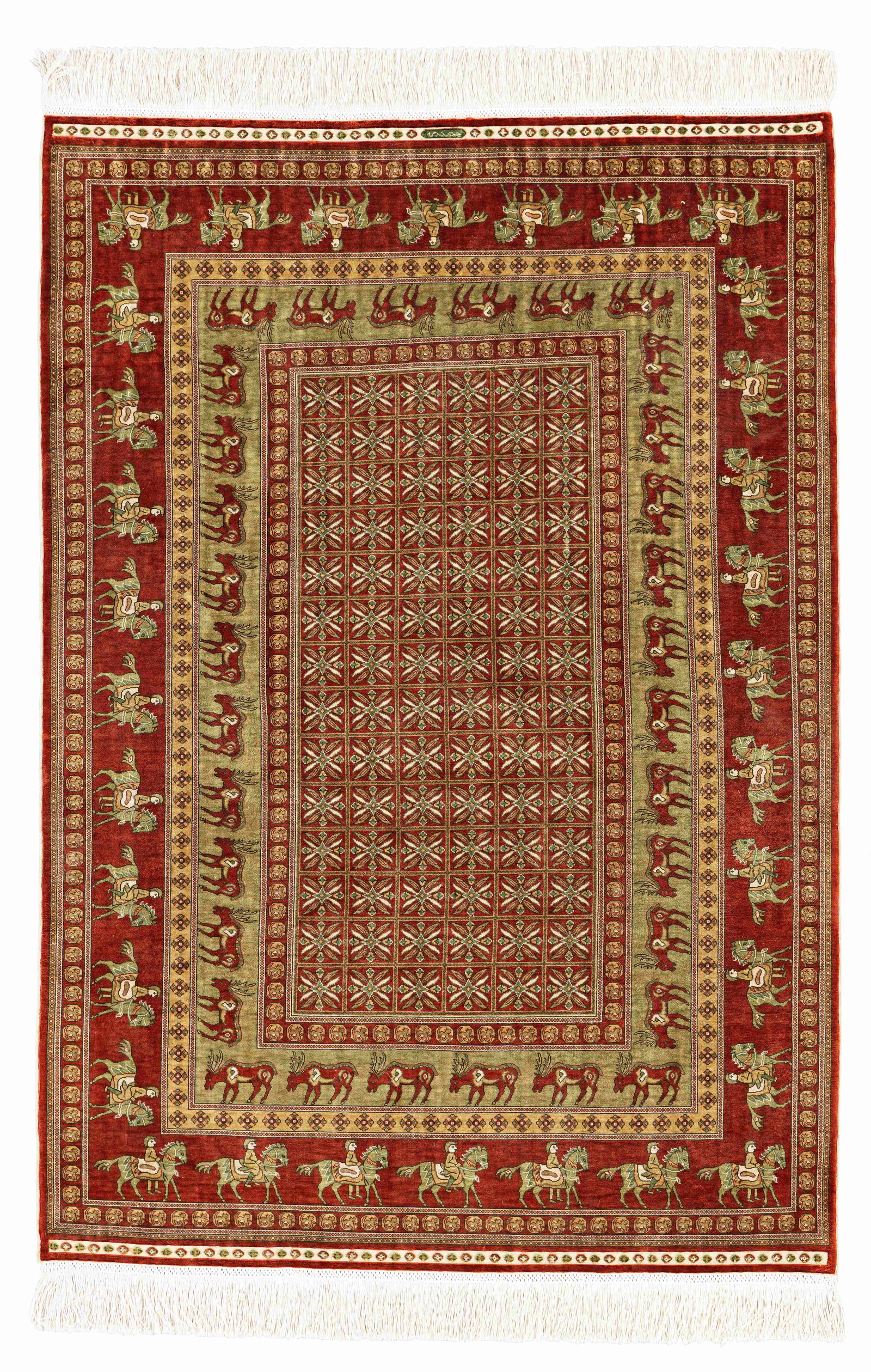 Signed Silk Hereke "Cinar" (13 x 13 knots per sq cm): Signed Silk Hereke "Cinar" (13 x 13 knots per sq cm) 102 x 71 cm (3' 4" x 2' 4") Turkey, late 20th century Condition: excellent Warp: silk, weft: silk, pile: silk