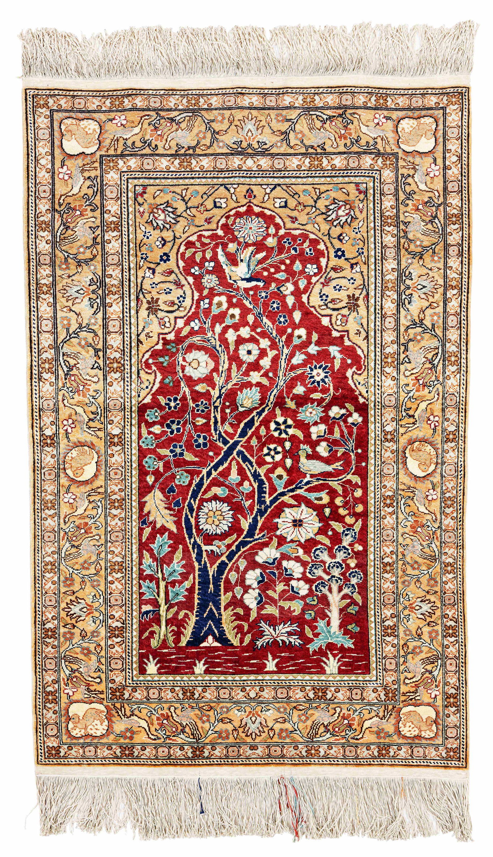 Silk Kayseri Prayer Rug (8 x 8 knots per sq cm): Silk Kayseri Prayer Rug (8 x 8 knots per sq cm) 112 x 72 cm (3' 8" x 2' 4") Turkey, ca. 1970 Condition: very good, minor signs of use Warp: silk, weft: silk, pile: silk