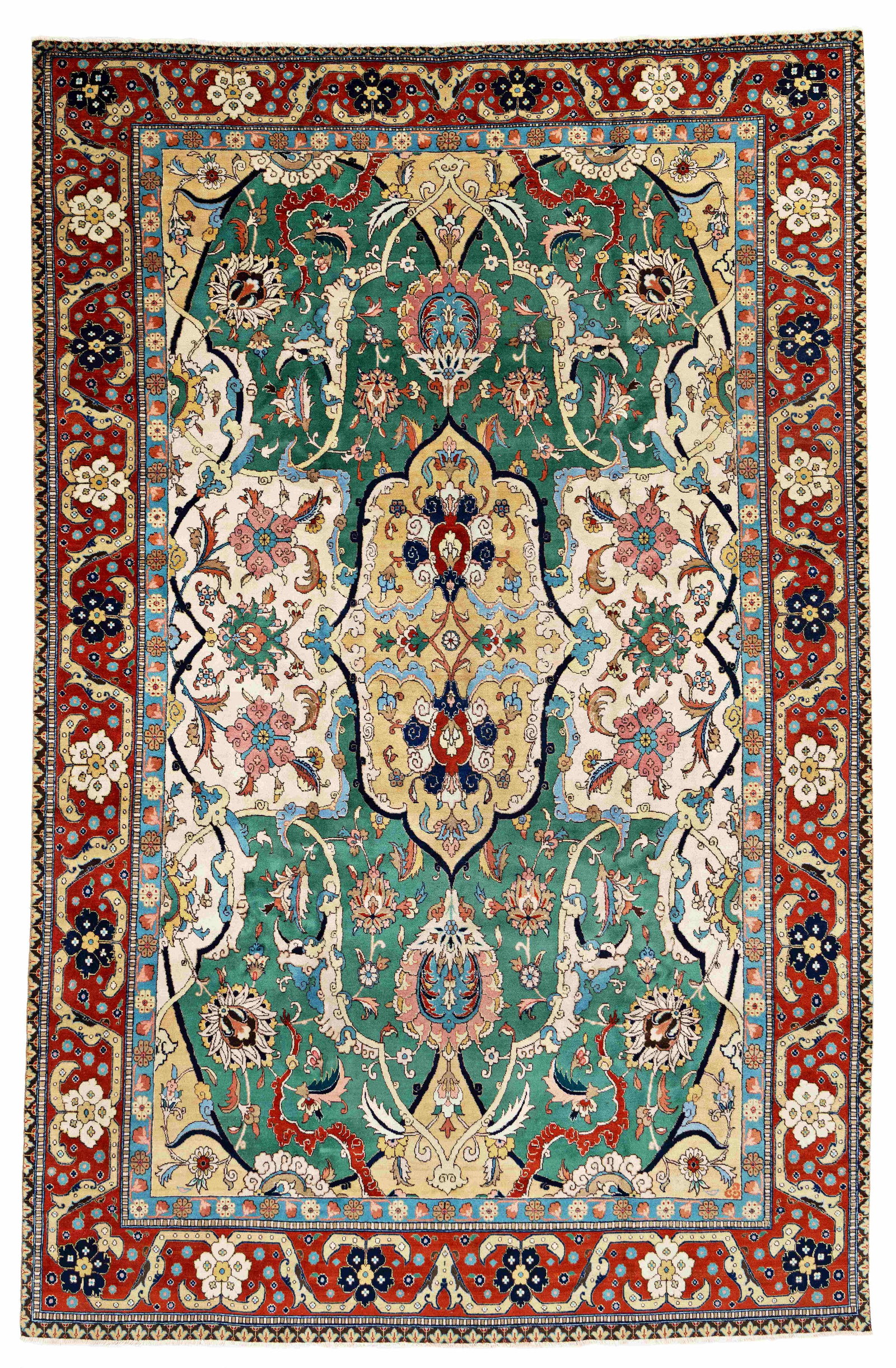 Tabriz PETAG Carpet: Tabriz PETAG 335 x 218 cm (11' x 7' 2") Persia, ca. 1920 Condition: good, mostly good pile, sides and ends slightly incomplete Warp: cotton, weft: cotton, pile: wool