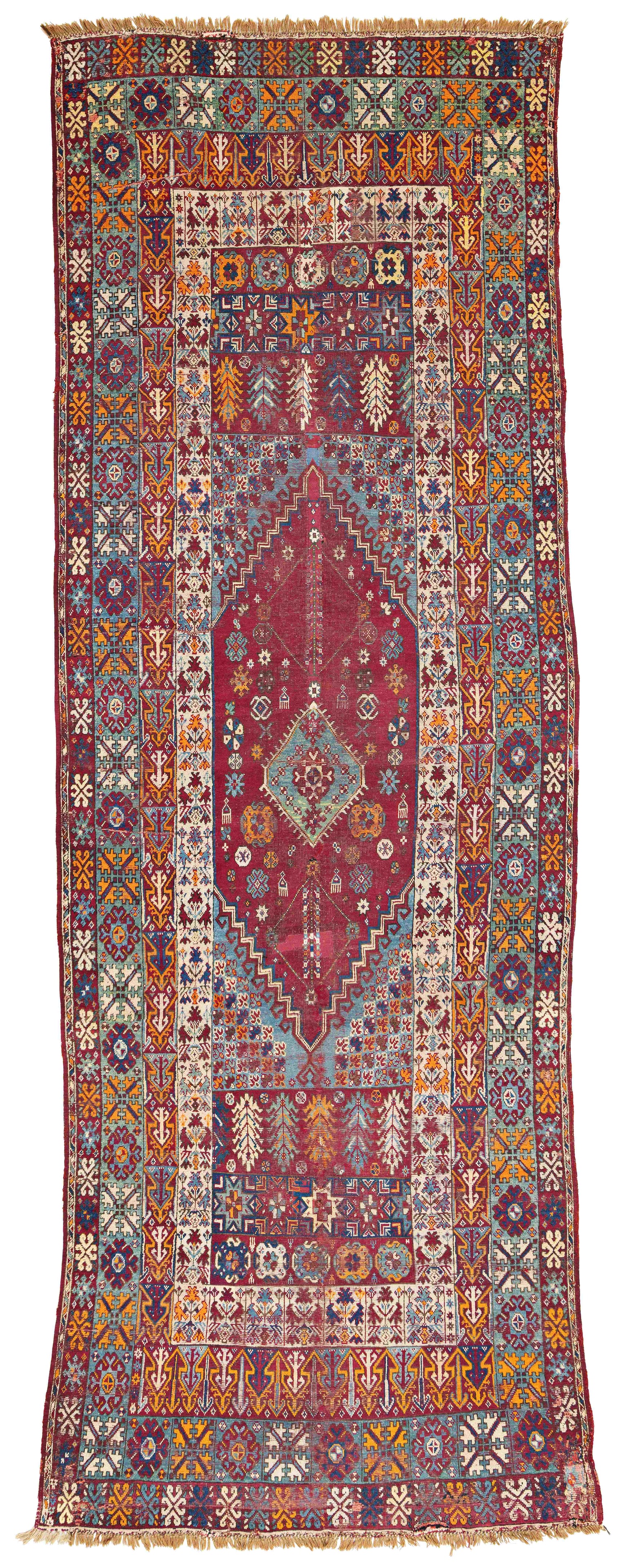 Rabat Carpet: Rabat 542 x 192 cm (17' 9" x 6' 4") Morocco, late 19th century Condition: used, low pile in places, several old repairs, both ends slightly incomplete, signs of use Warp: wool, weft: wool, pile: wool