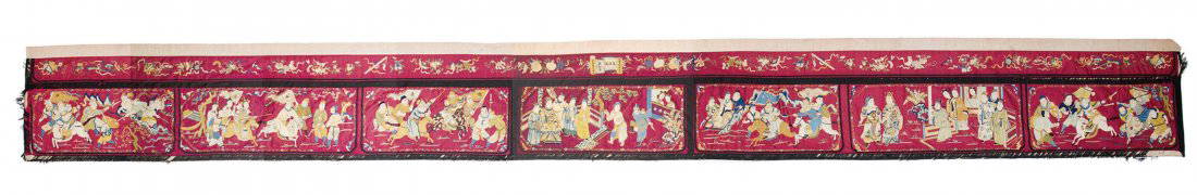 Chinese silk embroidered banner: Chinese silk embroidered banner 26ft. 8in. x 2ft. 9in. (814 x 84 cm) China circa second half 19th century Condition: good, fraying to black outer silk border cotton backing, silk ground cloth, silk em