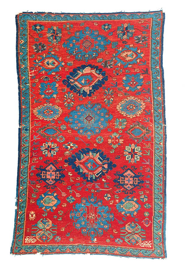 Seichur soumak: Seichur soumak 4ft. 10in. x 3ft. 2in. 148 x 97 cm Caucasus 1880 Condition: good, some abrasion in field, losses to ends, sides fraying Wool warp, wool weft, wool pile