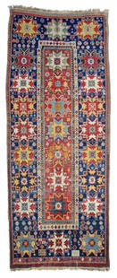 Lesghi star long rug inscribed: Lesghi star long rug inscribed and dated 1313 13ft. x 5ft. 4in. 395 x 163 cm Caucasus end 19th century Condition: good, some areas low pile, some reweaves and repairs, some abrasion Wool warp, wool we