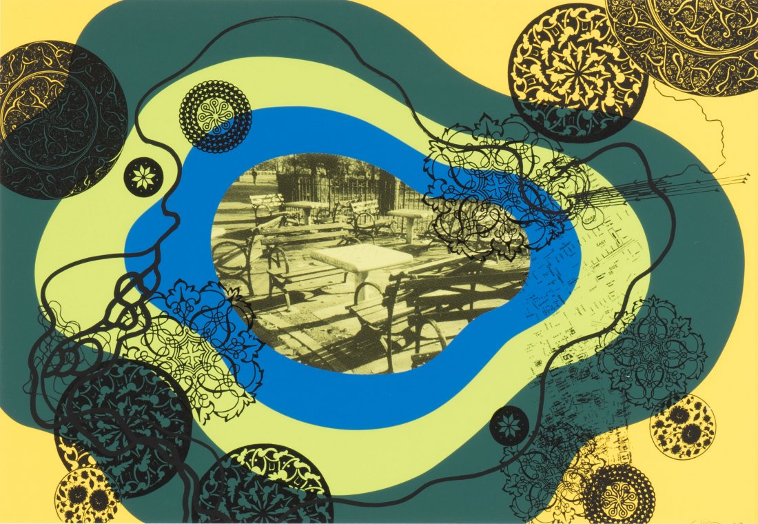 Franz Ackermann * (1963 Neumarkt St. Veit) o. T., 2002: Franz Ackermann * (1963 Neumarkt St. Veit) o. T., 2002 Siebdruck in Farbe auf Karton, 42 x 59,4 cm gerahmt Verleger; Ackermann F. Expl.: eines von 100 Stueck Gesamtauflage Signatur vorne rechts unten: